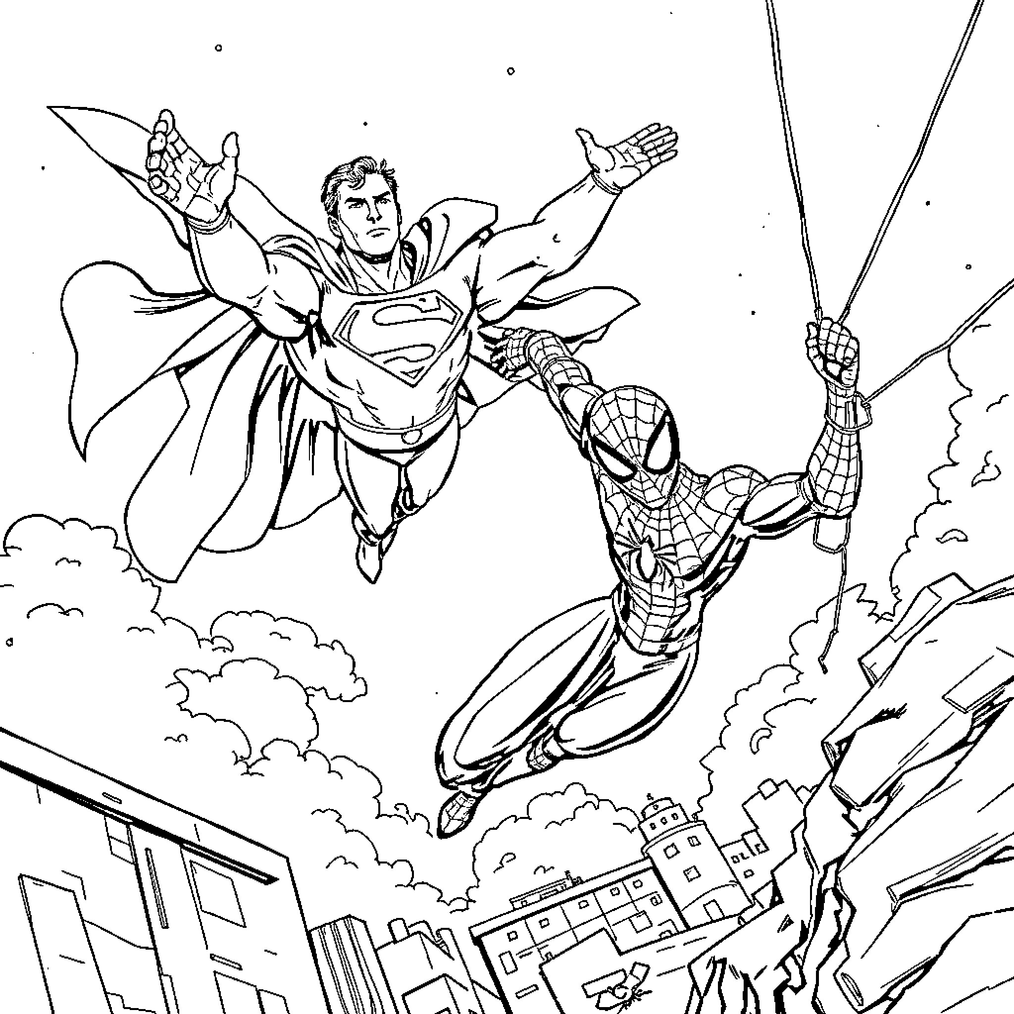 Superman and Spider-Man Heroic Showdown in the City Coloring Page (free black-and-white line drawing printable PDF for all, from beginners to advanced learners, including children, teens, adults, and seniors)