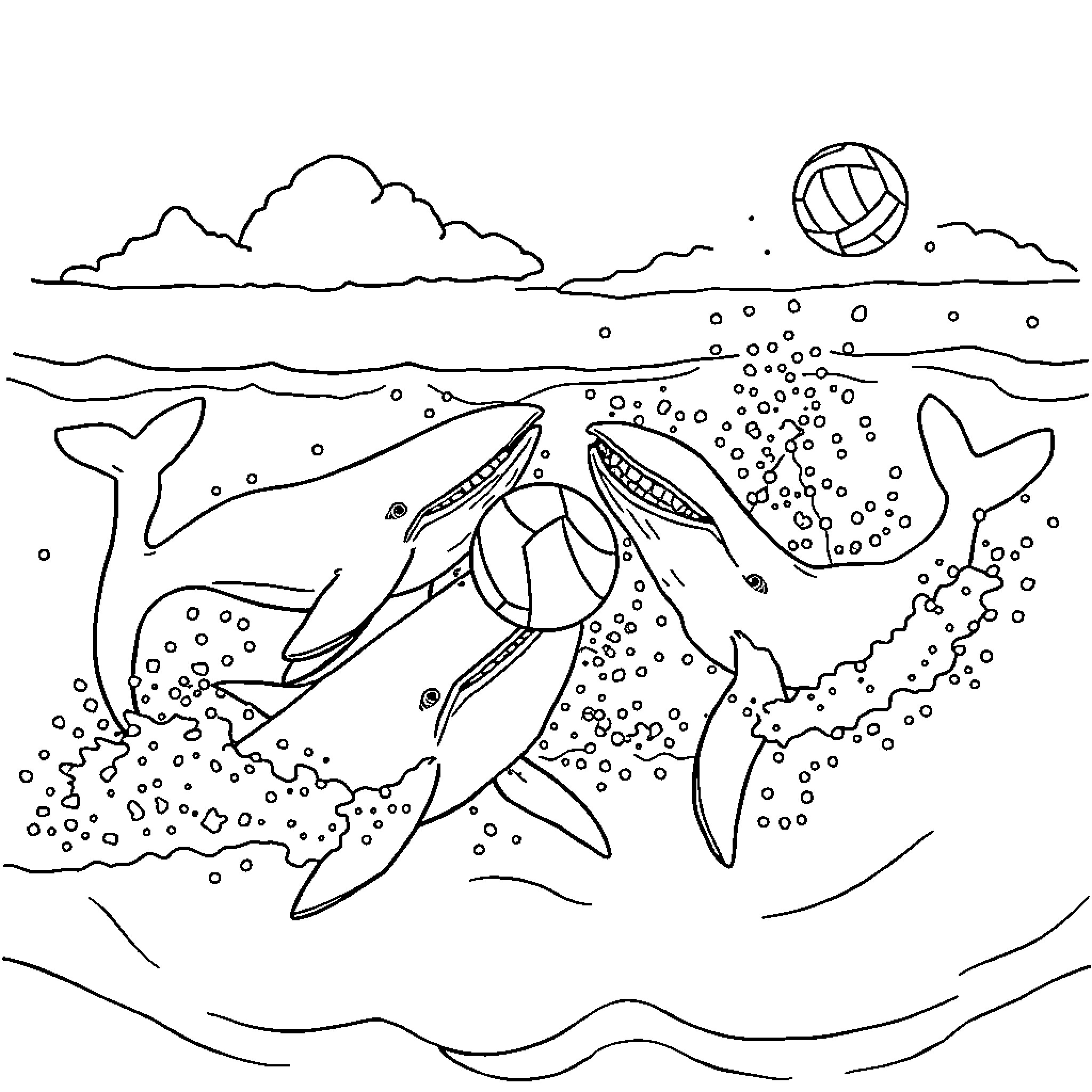 Whale family playing in the ocean Coloring Page (free black-and-white line drawing printable PDF for all, from beginners to advanced learners, including children, teens, adults, and seniors)