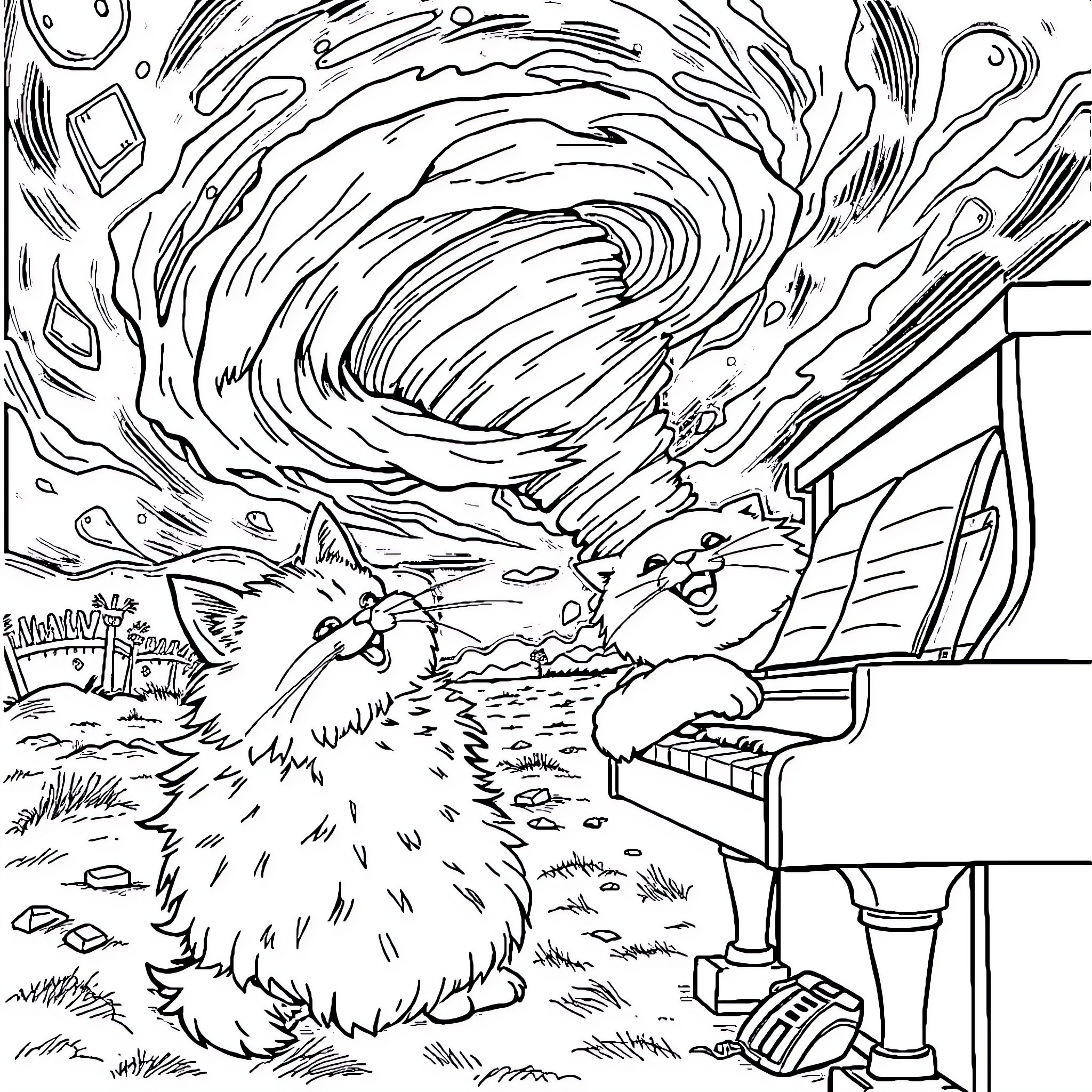 Cat playing with piano in a stormy setting Coloring Page (free black-and-white line drawing printable PDF for all, from beginners to advanced learners, including children, teens, adults, and seniors)