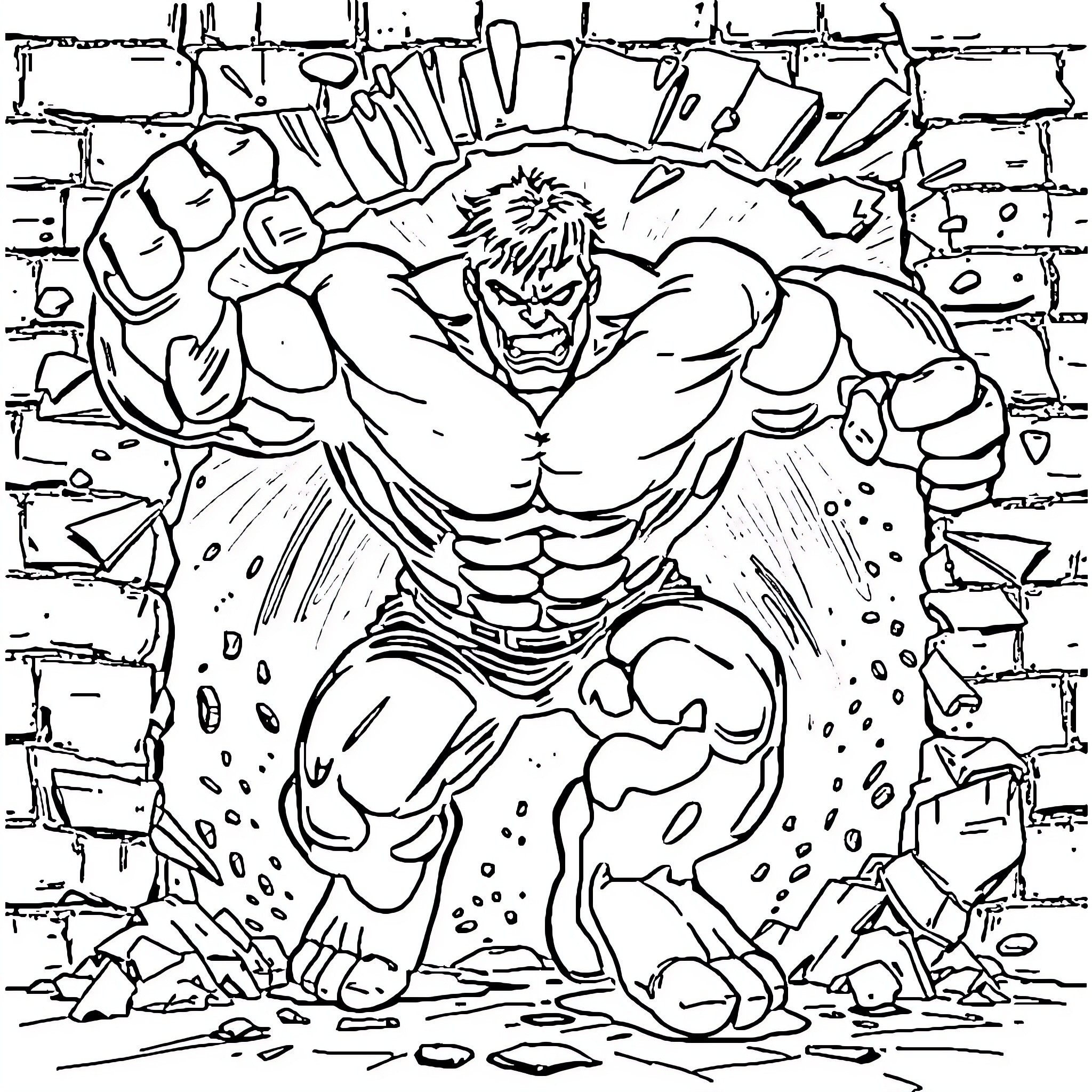 Hulk smashing through the city Coloring Page (free black-and-white line drawing printable PDF for all, from beginners to advanced learners, including children, teens, adults, and seniors)