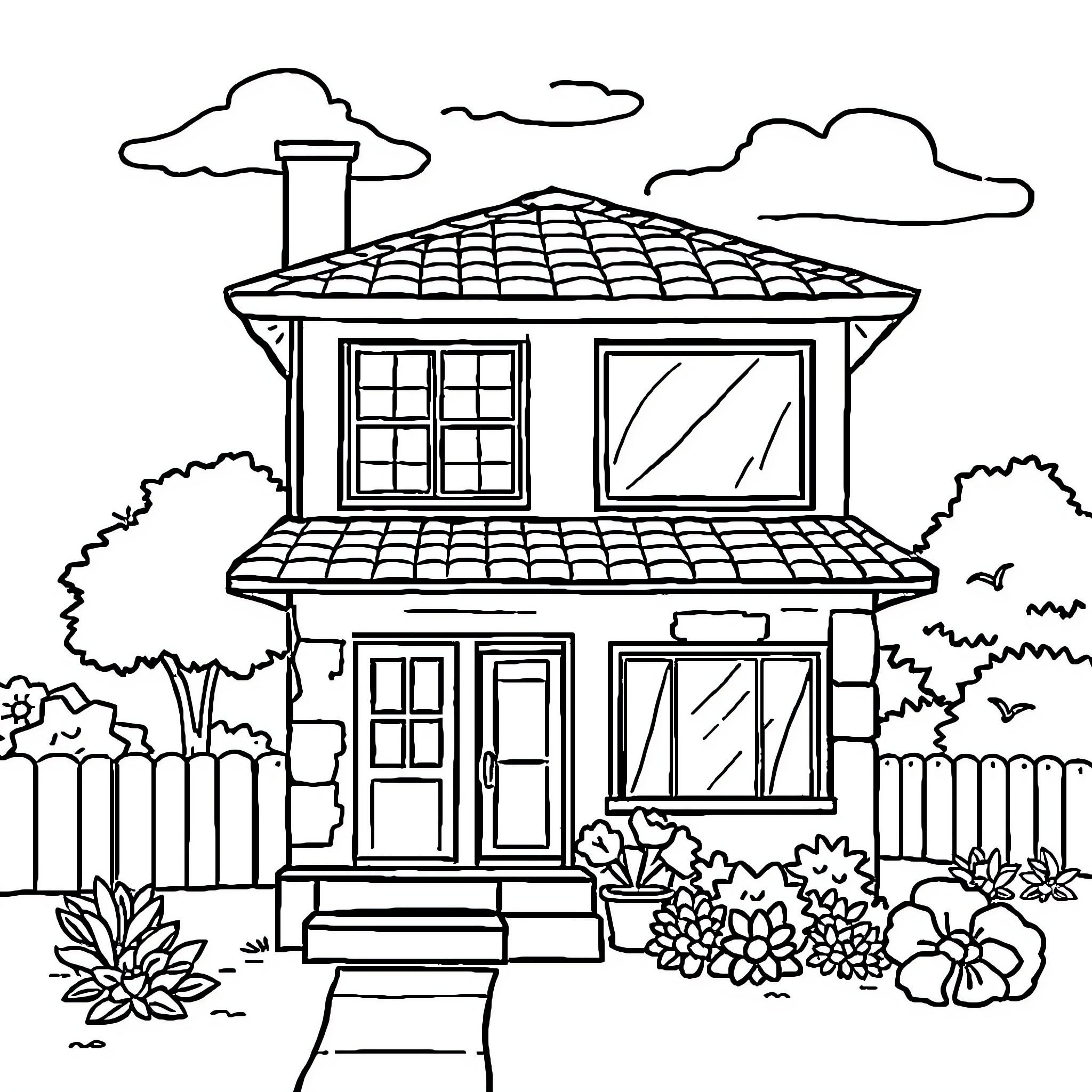 House with Scenic Outdoor View Coloring Page (free black-and-white line drawing printable PDF for all, from beginners to advanced learners, including children, teens, adults, and seniors)