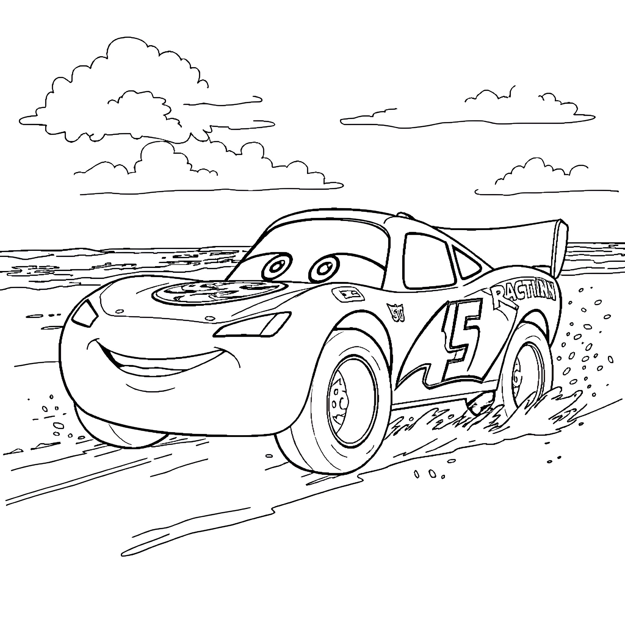 Lightning McQueen racing on the beach Coloring Page (free black-and-white line drawing printable PDF for all, from beginners to advanced learners, including children, teens, adults, and seniors)