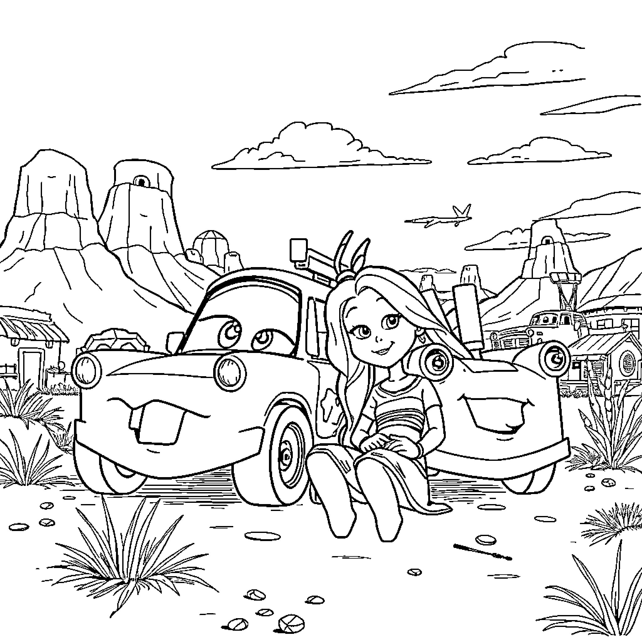 Tow Mater's Desert Adventure with a Friend Coloring Page (free black-and-white line drawing printable PDF for all, from beginners to advanced learners, including children, teens, adults, and seniors)