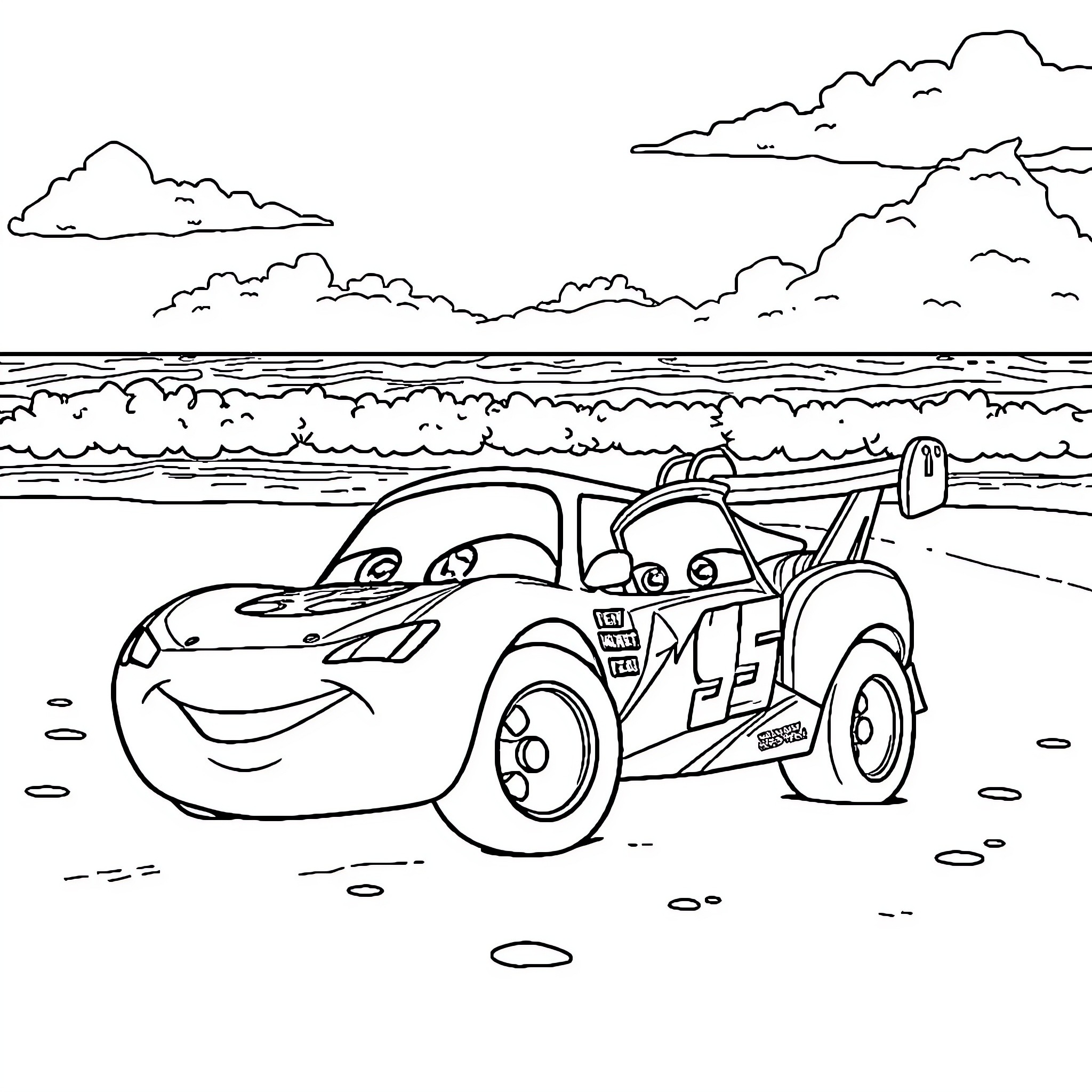 Lightning McQueen's beach adventure Coloring Page (free black-and-white line drawing printable PDF for all, from beginners to advanced learners, including children, teens, adults, and seniors)