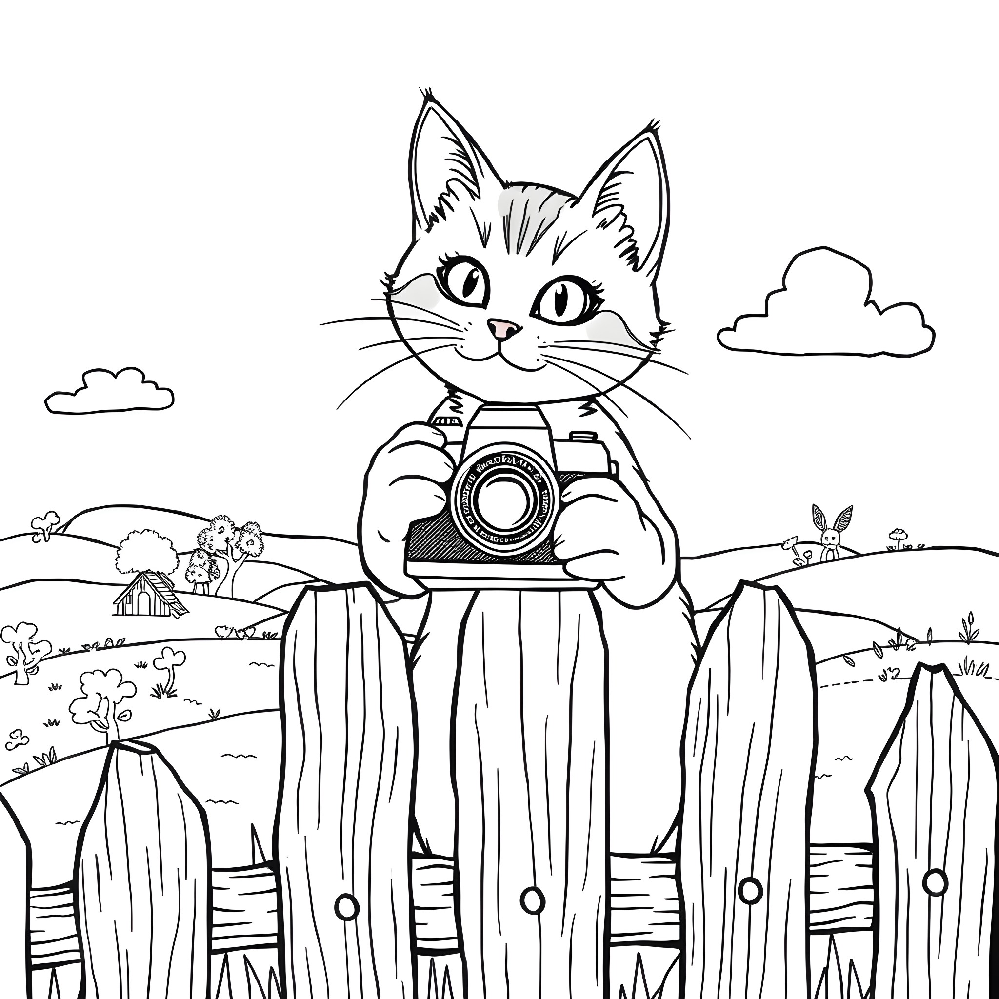 Cat photographer taking pictures in the countryside Coloring Page (free black-and-white line drawing printable PDF for all, from beginners to advanced learners, including children, teens, adults, and seniors)