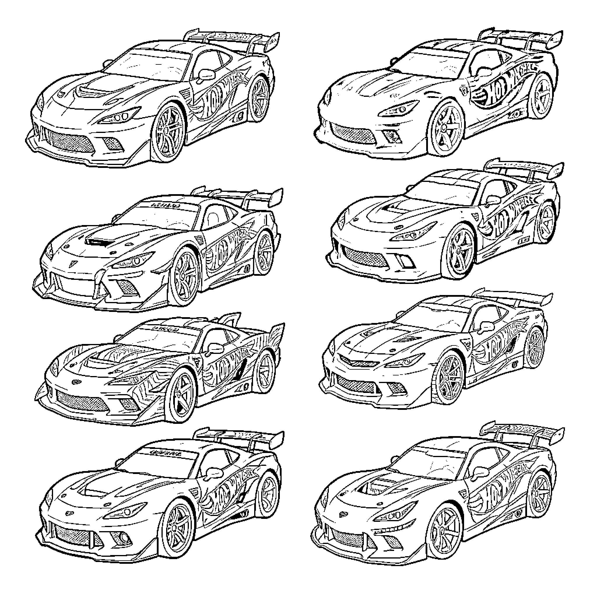 Hot Wheels race cars with wild designs Coloring Page (free black-and-white line drawing printable PDF for all, from beginners to advanced learners, including children, teens, adults, and seniors)