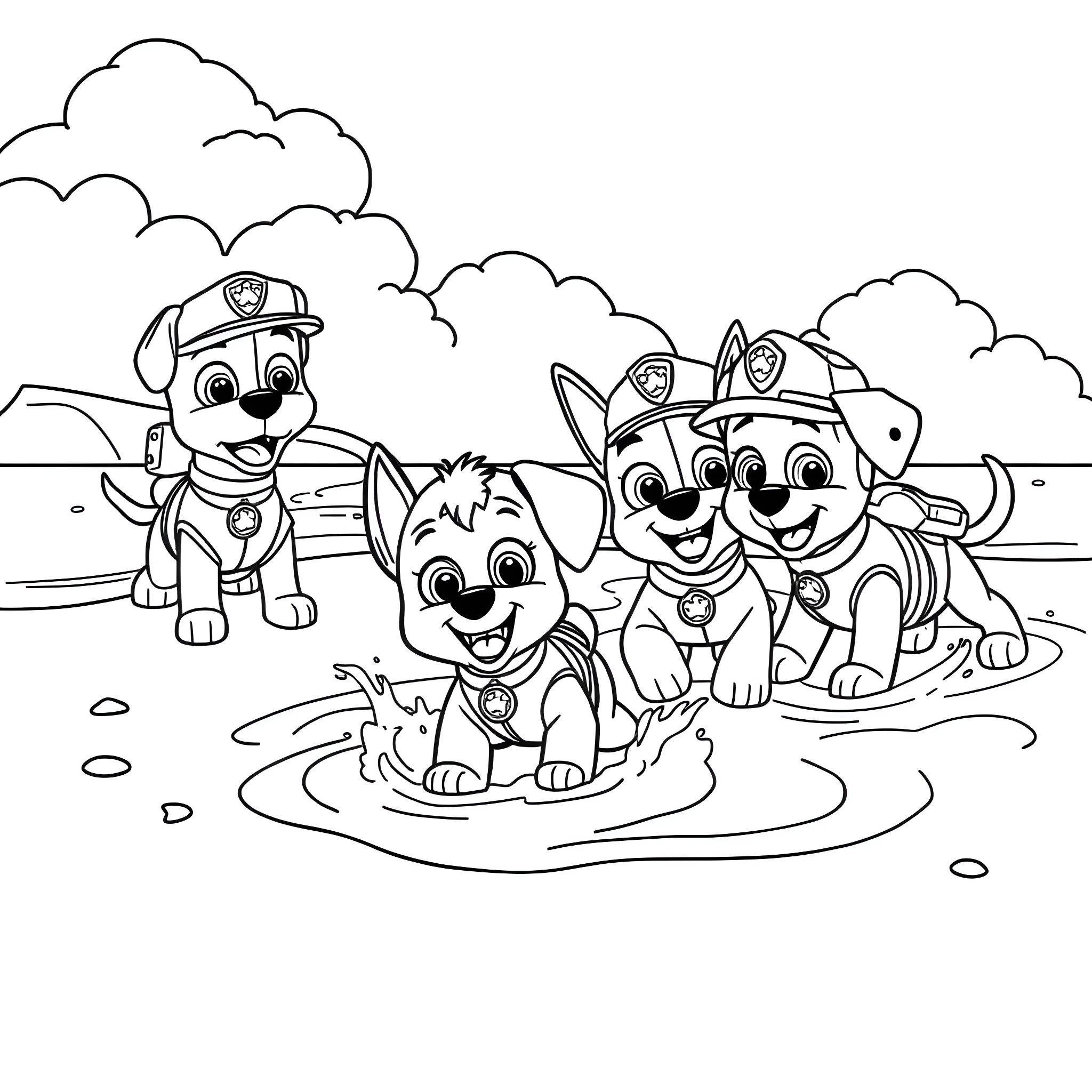 Paw Patrol pups playing in the water Coloring Page (free black-and-white line drawing printable PDF for all, from beginners to advanced learners, including children, teens, adults, and seniors)