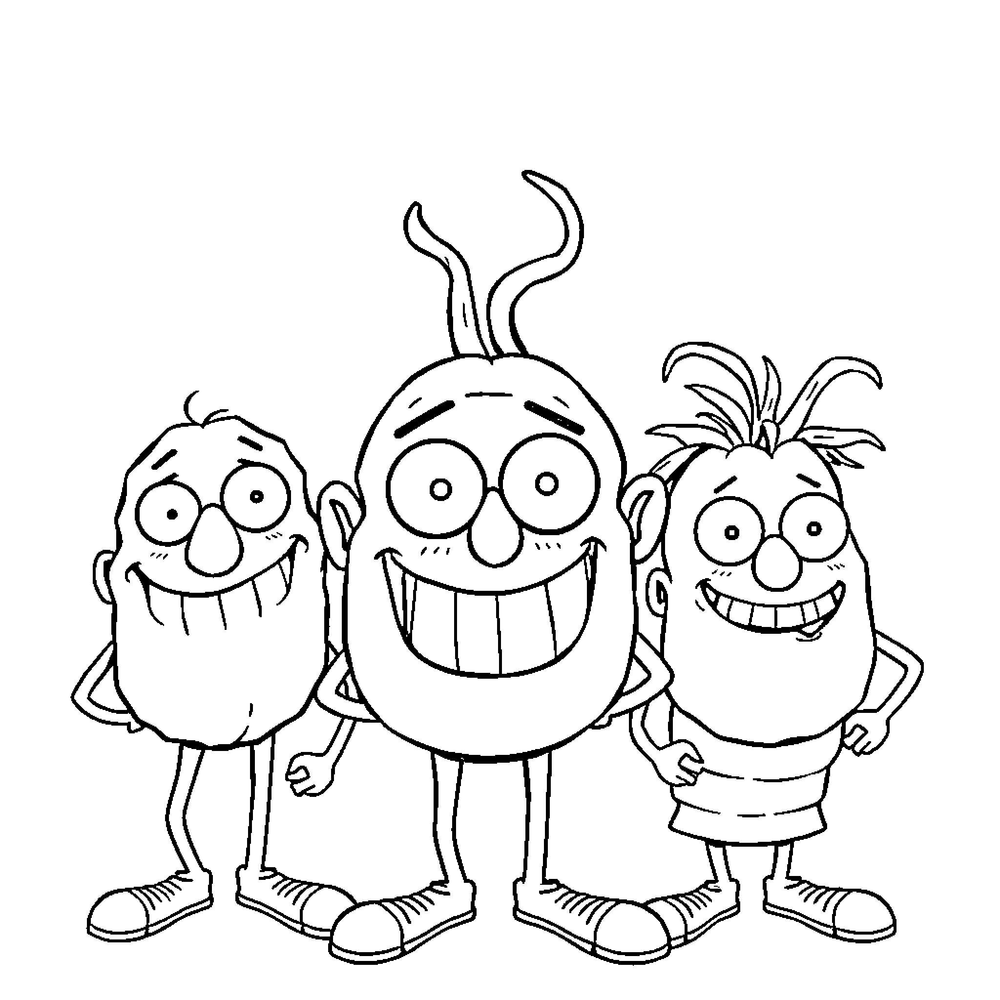 Brain Rot Trio of Whimsical Characters Coloring Page (free black-and-white line drawing printable PDF for all, from beginners to advanced learners, including children, teens, adults, and seniors)