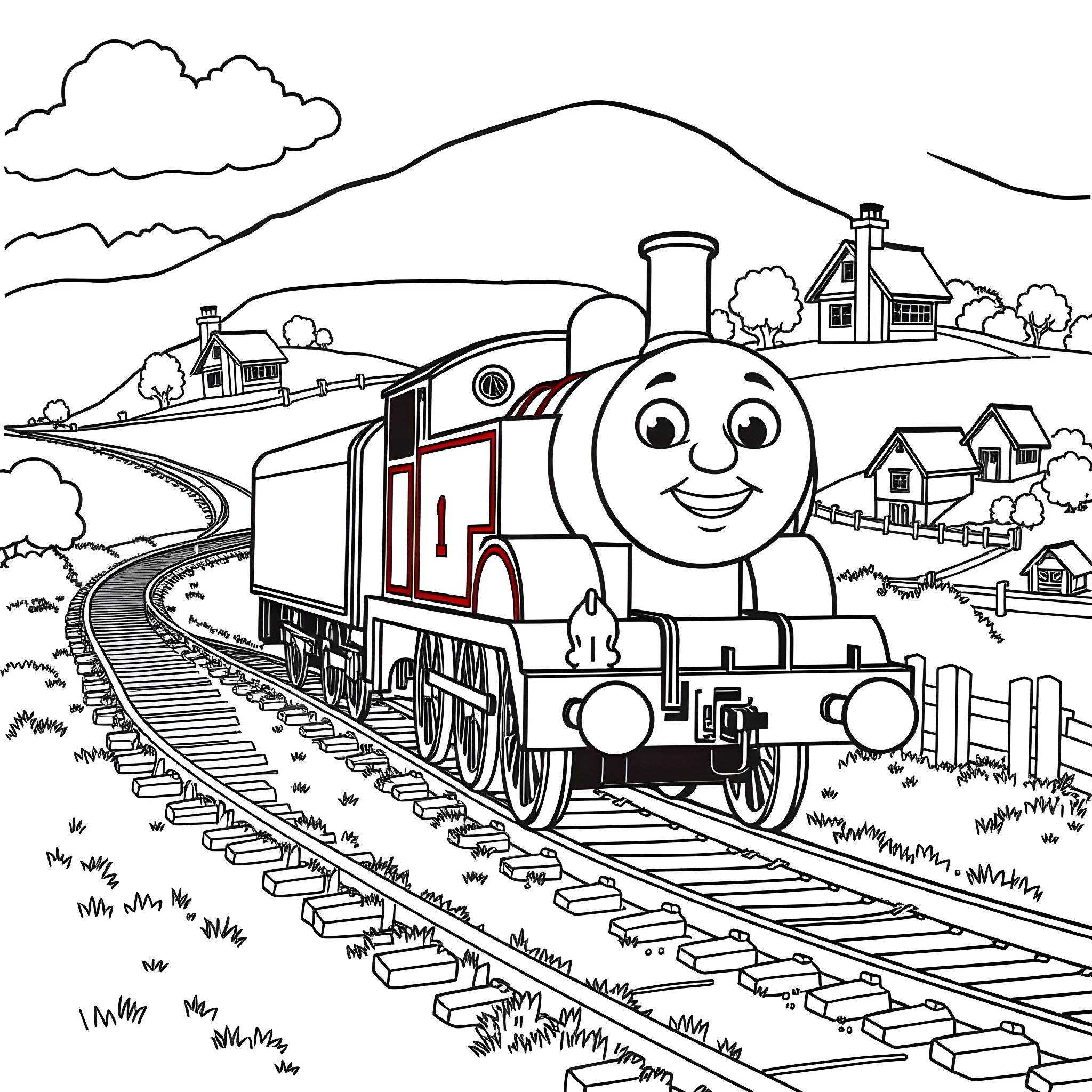 Thomas the Tank Engine chugging through the countryside Coloring Page (free black-and-white line drawing printable PDF for all, from beginners to advanced learners, including children, teens, adults, and seniors)