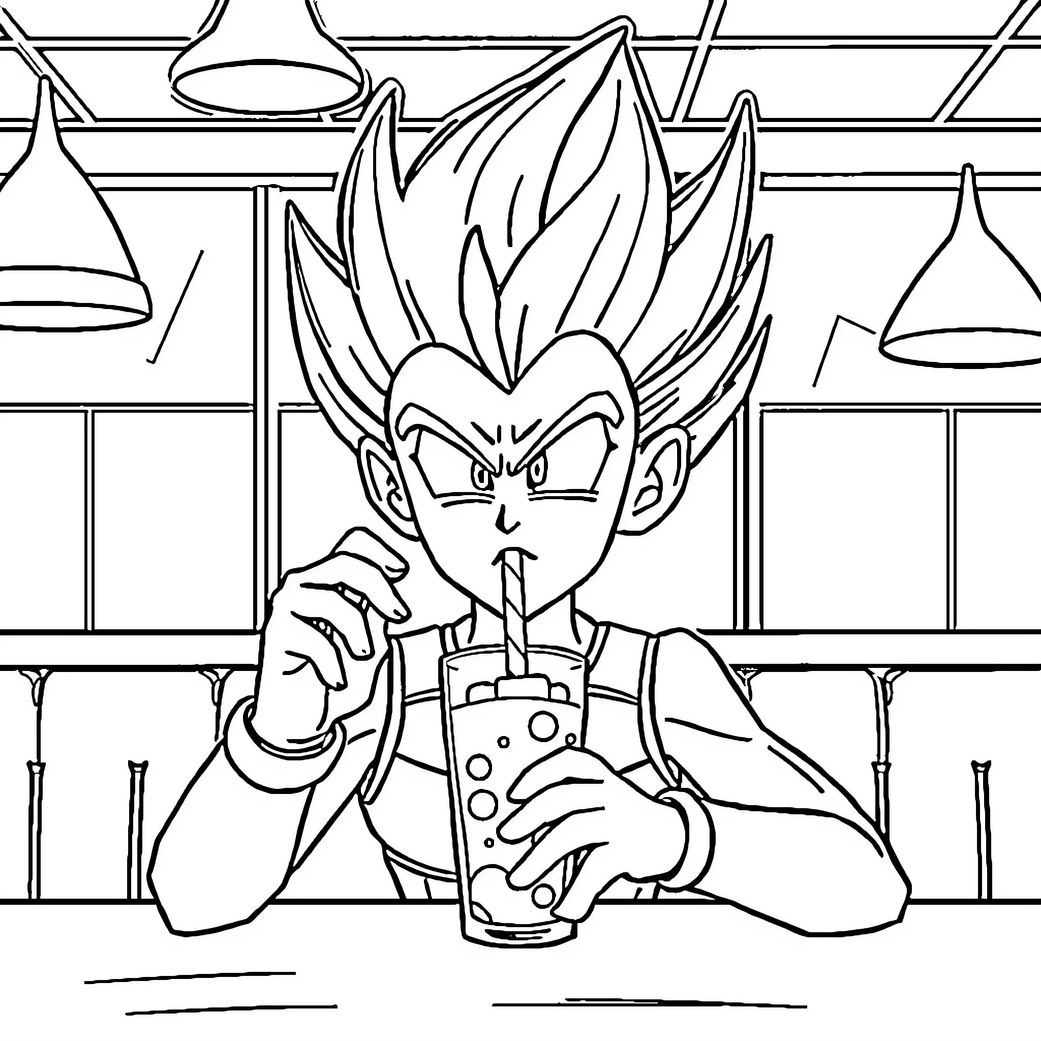 Vegeta enjoying a refreshing beverage in the lab Coloring Page (free black-and-white line drawing printable PDF for all, from beginners to advanced learners, including children, teens, adults, and seniors)