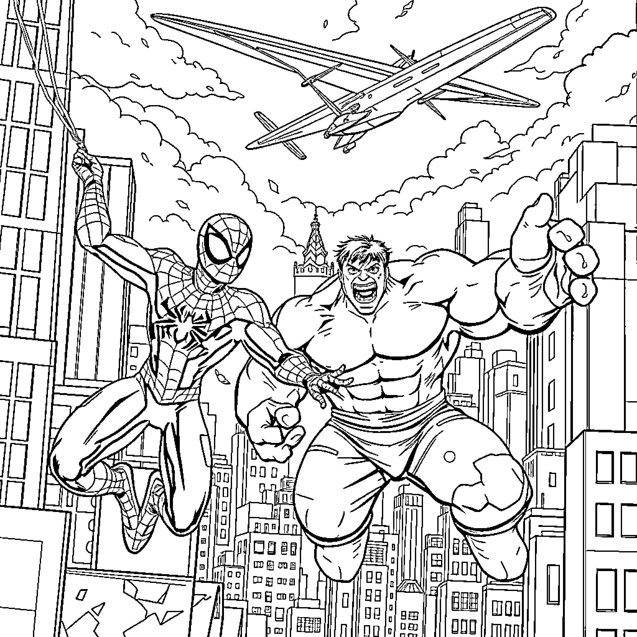 Spider-Man and Hulk battling in the city Coloring Page (free black-and-white line drawing printable PDF for all, from beginners to advanced learners, including children, teens, adults, and seniors)
