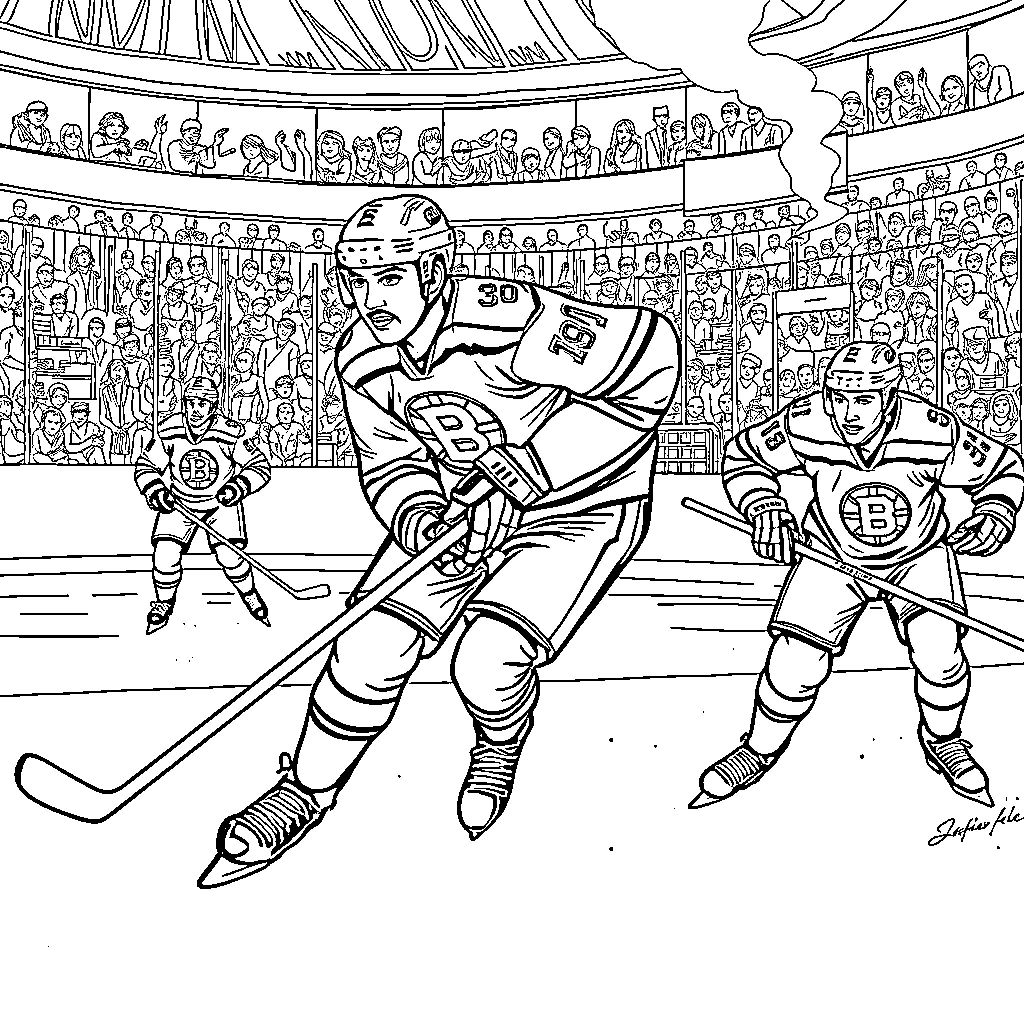 Bruin Hockey Players in Intense Game Coloring Page (free black-and-white line drawing printable PDF for all, from beginners to advanced learners, including children, teens, adults, and seniors)