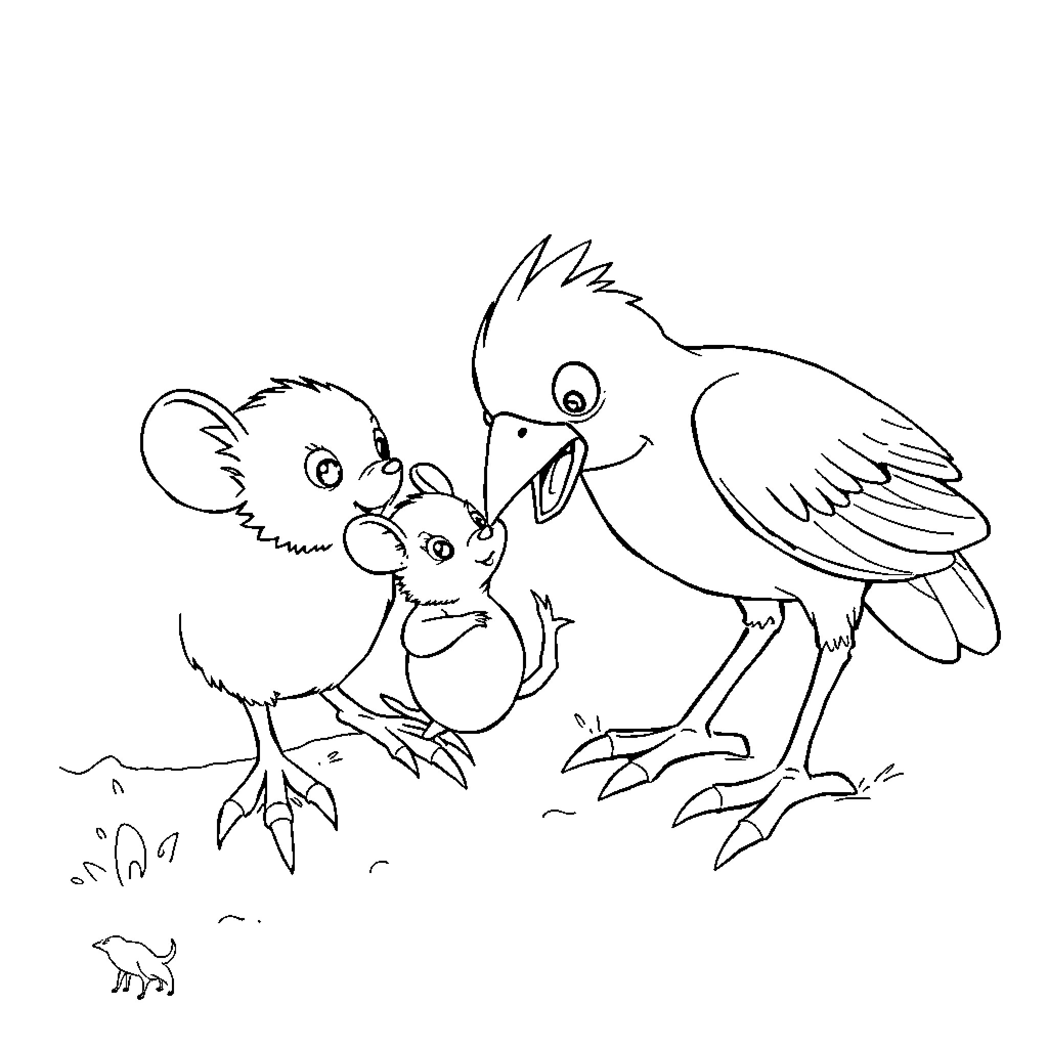 Stuart Little meets a curious bird in the wild Coloring Page (free black-and-white line drawing printable PDF for all, from beginners to advanced learners, including children, teens, adults, and seniors)