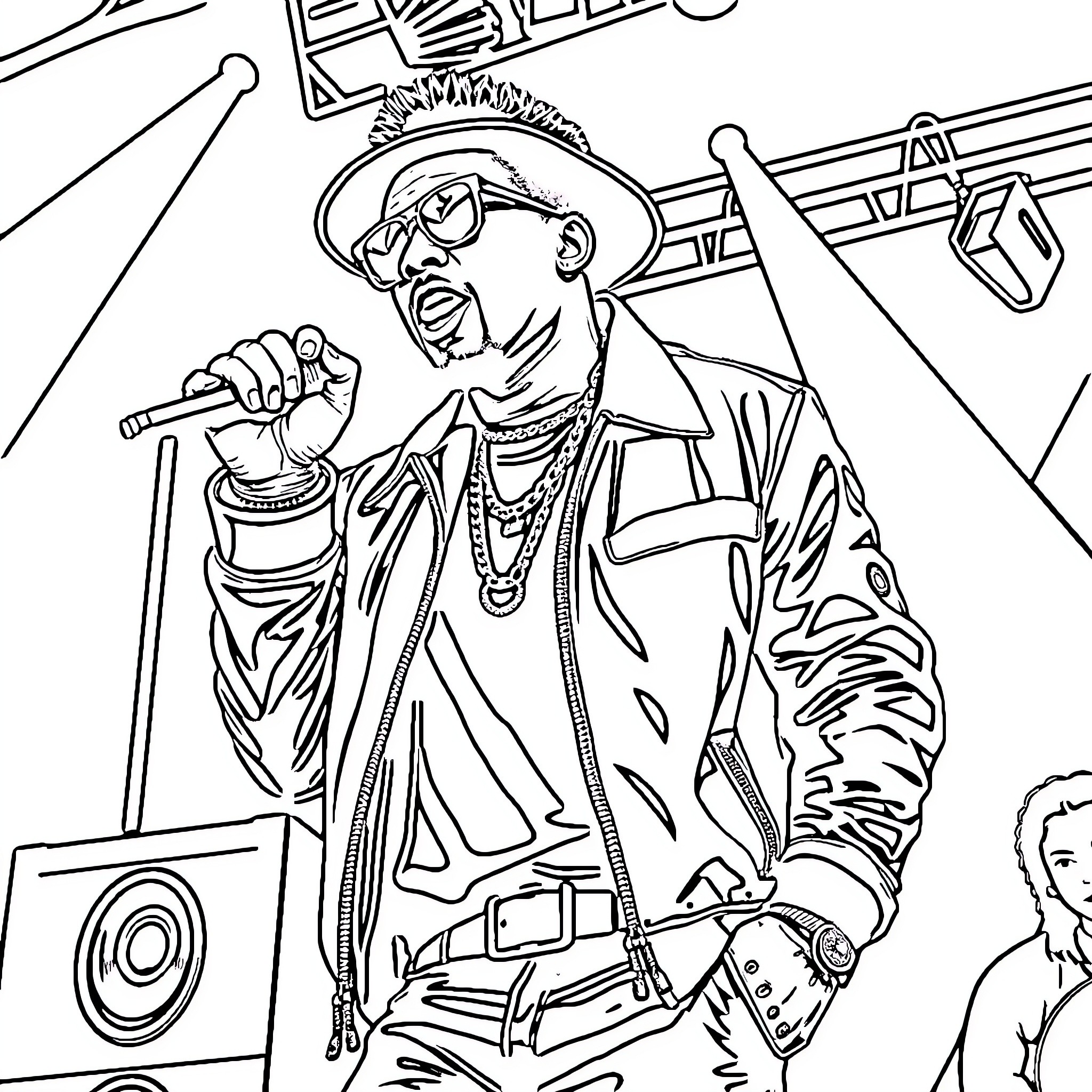 Kodak Black performing on stage with microphone Coloring Page (free black-and-white line drawing printable PDF for all, from beginners to advanced learners, including children, teens, adults, and seniors)