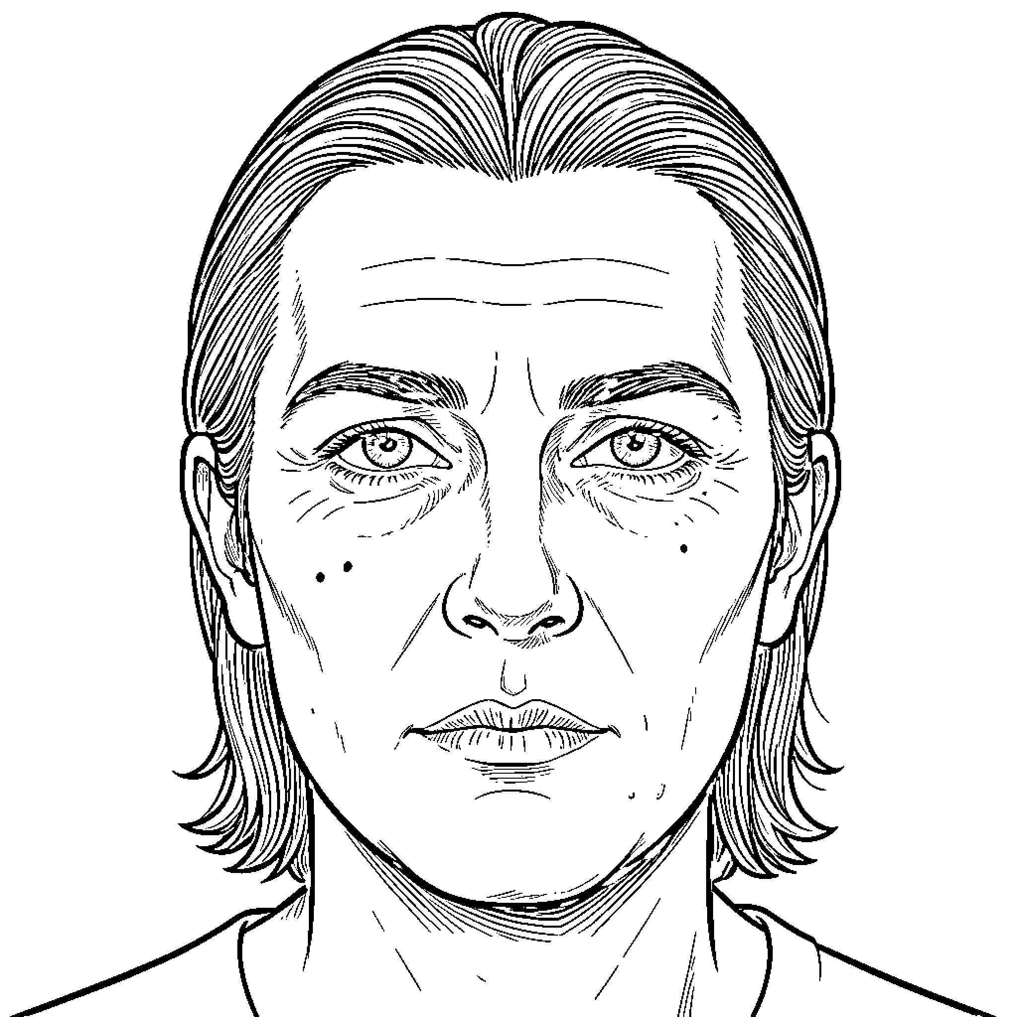 Portrait of a person with a serious expression Coloring Page (free black-and-white line drawing printable PDF for all, from beginners to advanced learners, including children, teens, adults, and seniors)