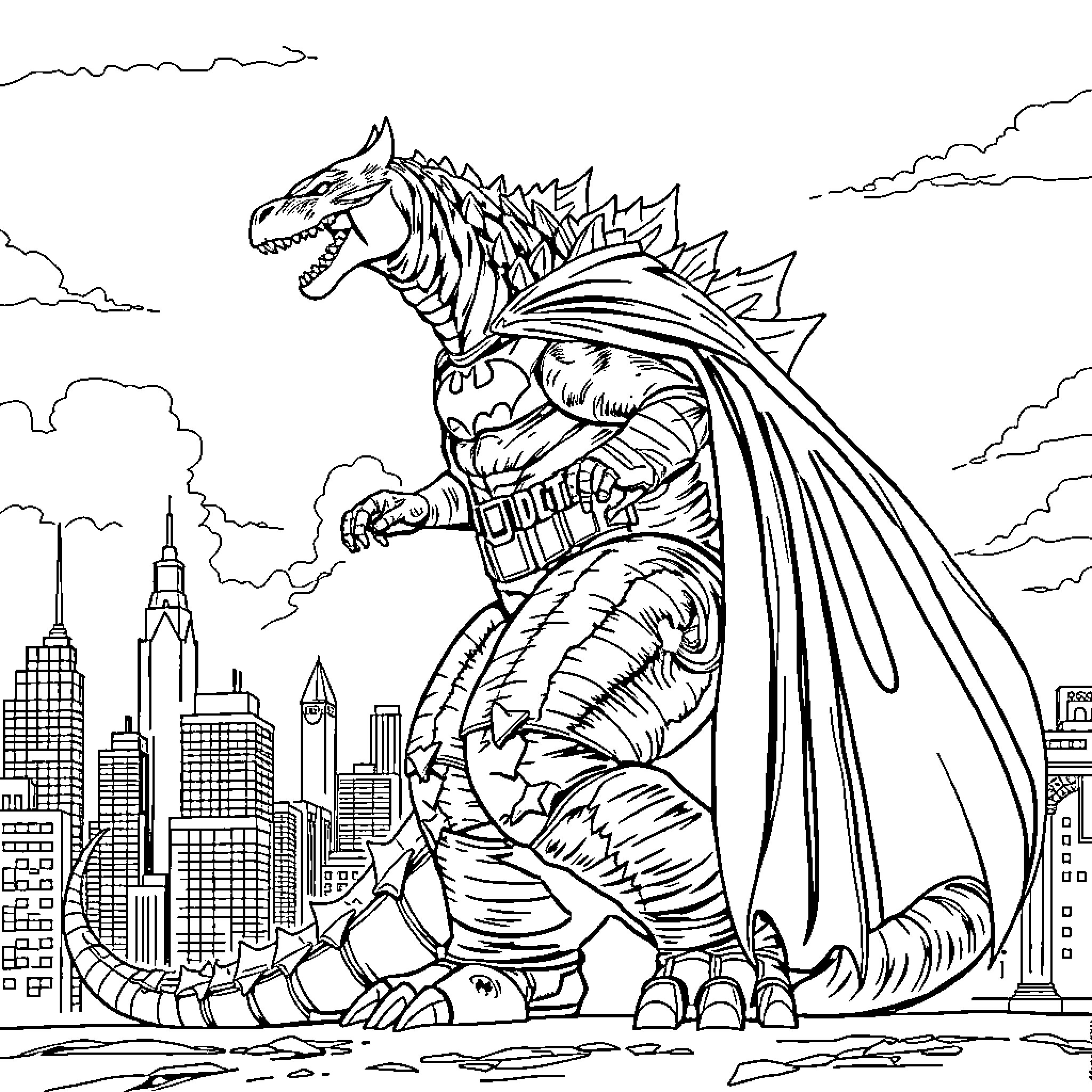 Godzilla rampaging through the city skyline Coloring Page (free black-and-white line drawing printable PDF for all, from beginners to advanced learners, including children, teens, adults, and seniors)