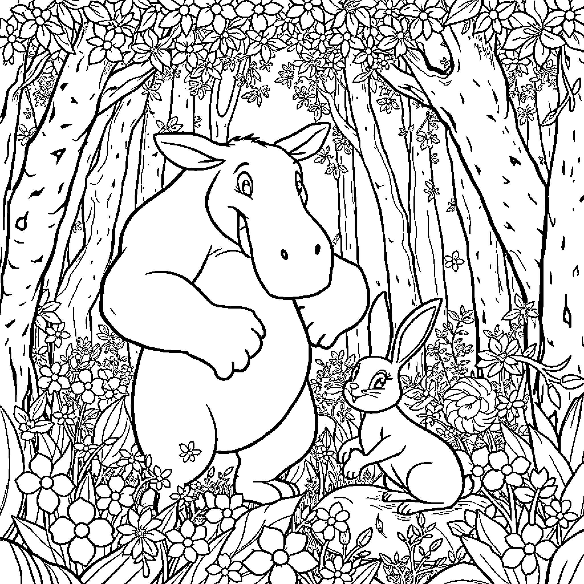Carabaffe's Enchanted Forest Adventure Coloring Page (free black-and-white line drawing printable PDF for all, from beginners to advanced learners, including children, teens, adults, and seniors)