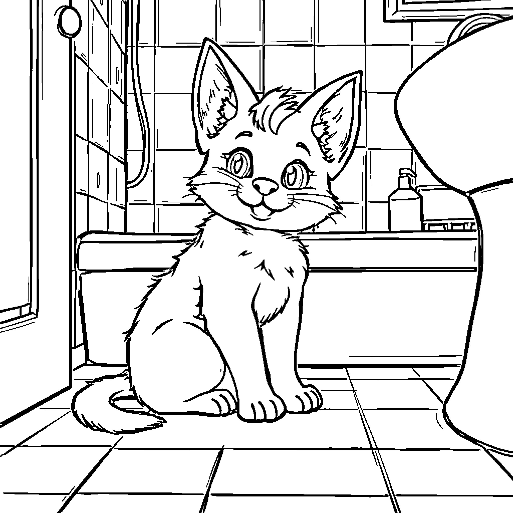 Evoli kitty explores the bathroom Coloring Page (free black-and-white line drawing printable PDF for all, from beginners to advanced learners, including children, teens, adults, and seniors)