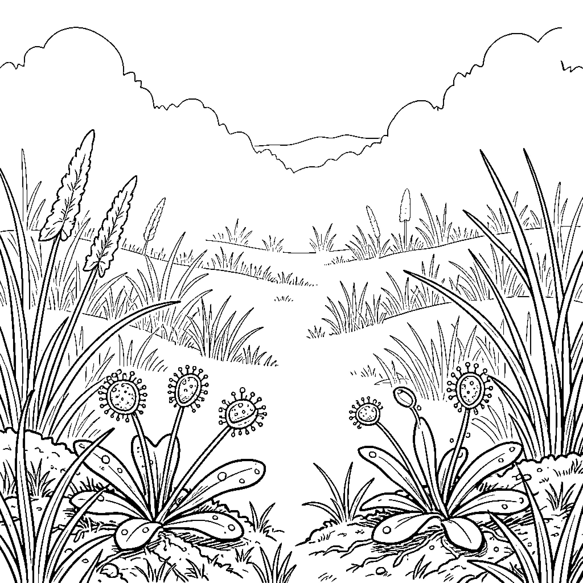 Drosera's Enchanted Meadow Coloring Page (free black-and-white line drawing printable PDF for all, from beginners to advanced learners, including children, teens, adults, and seniors)
