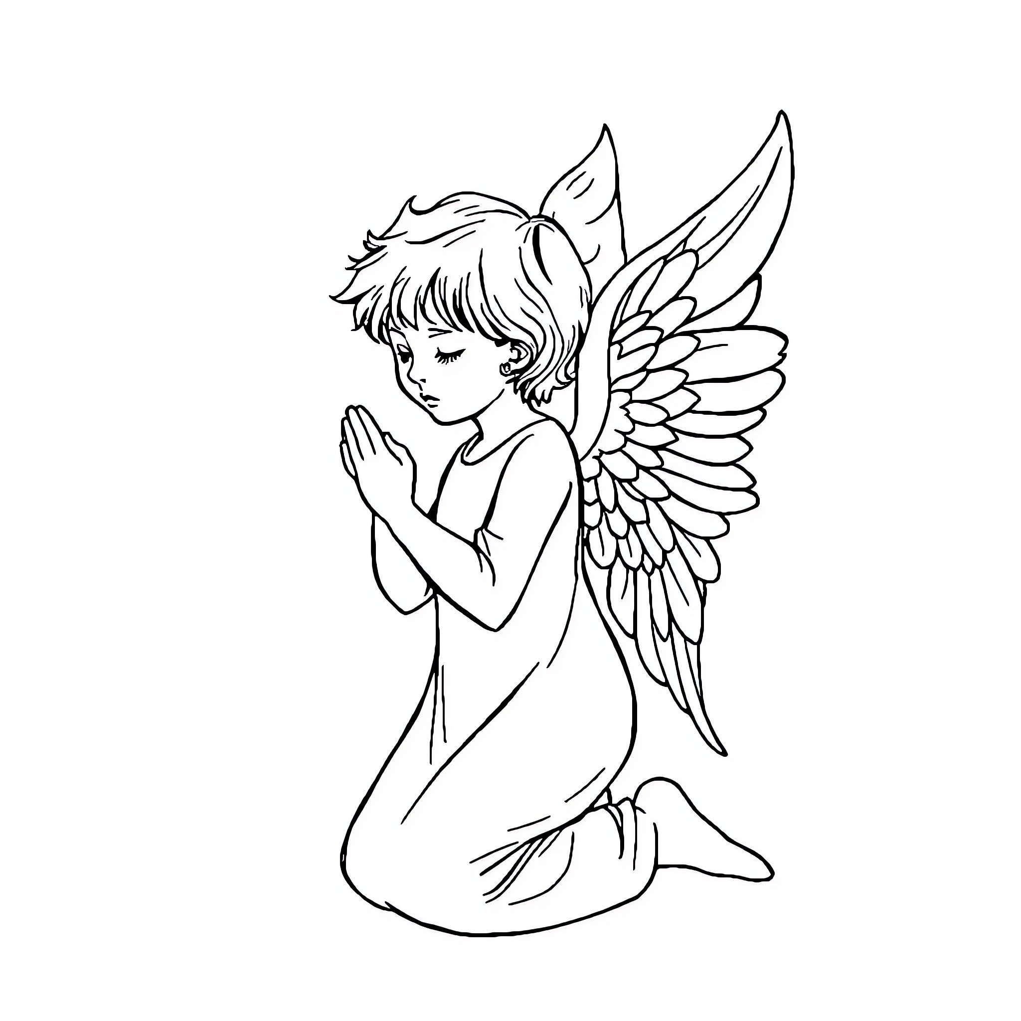 Angel praying with wings outstretched Coloring Page (free black-and-white line drawing printable PDF for all, from beginners to advanced learners, including children, teens, adults, and seniors)