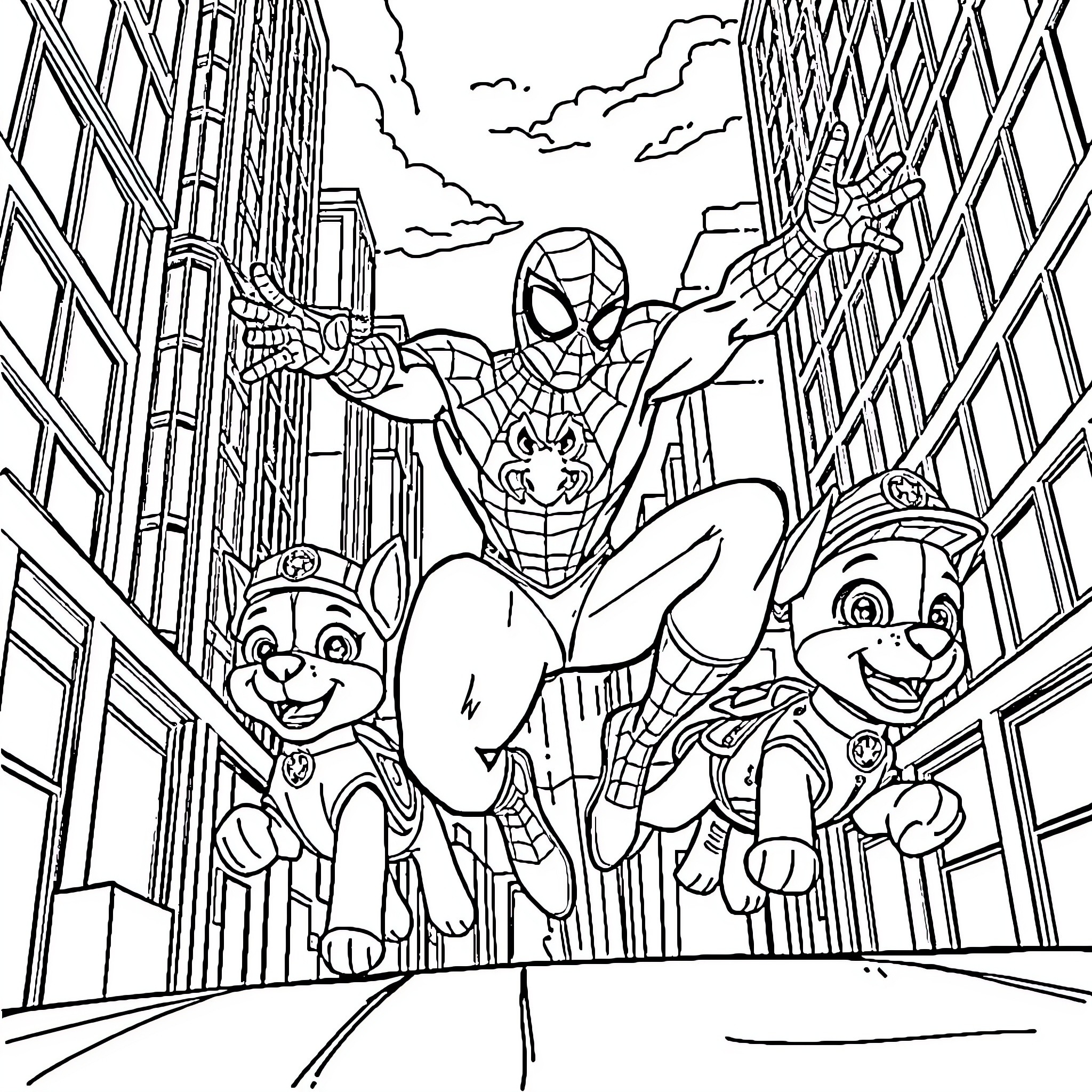 Spider-Man swinging through the city with sidekicks Coloring Page (free black-and-white line drawing printable PDF for all, from beginners to advanced learners, including children, teens, adults, and seniors)