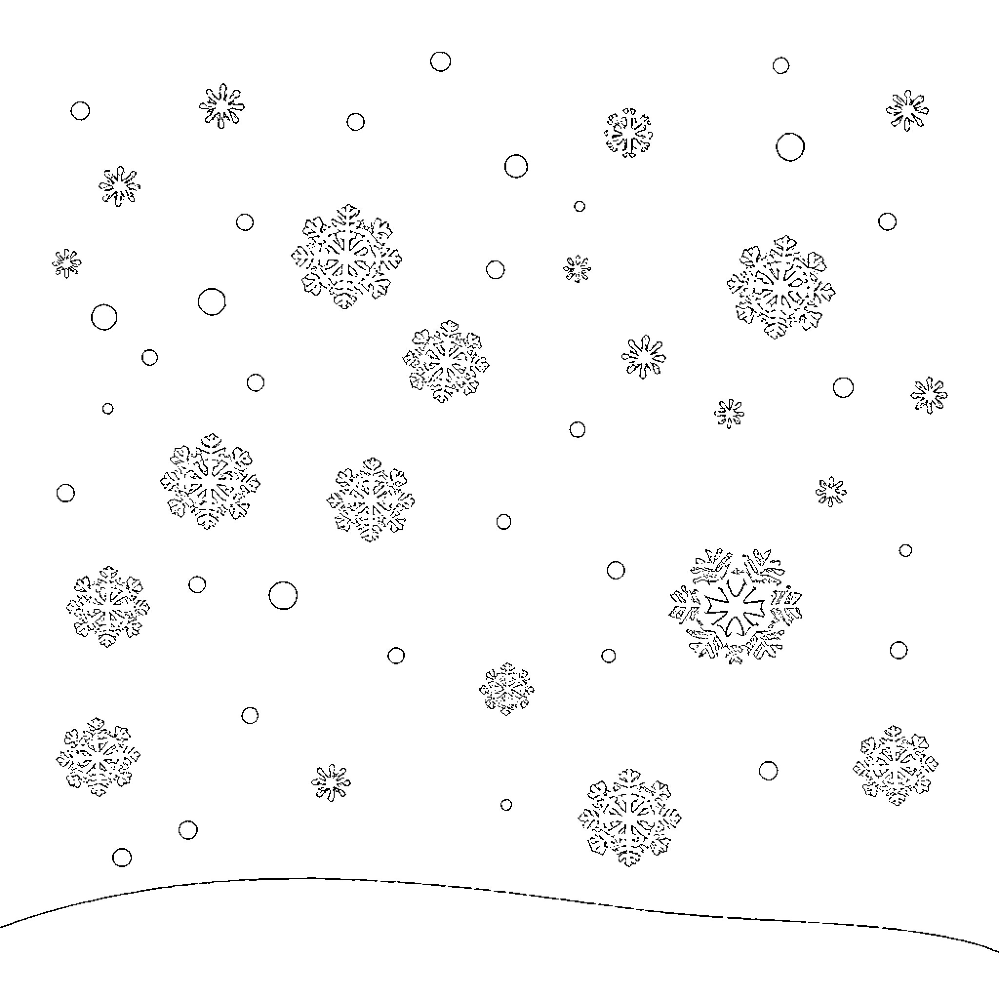 Snowflakes drifting on a winter landscape Coloring Page (free black-and-white line drawing printable PDF for all, from beginners to advanced learners, including children, teens, adults, and seniors)