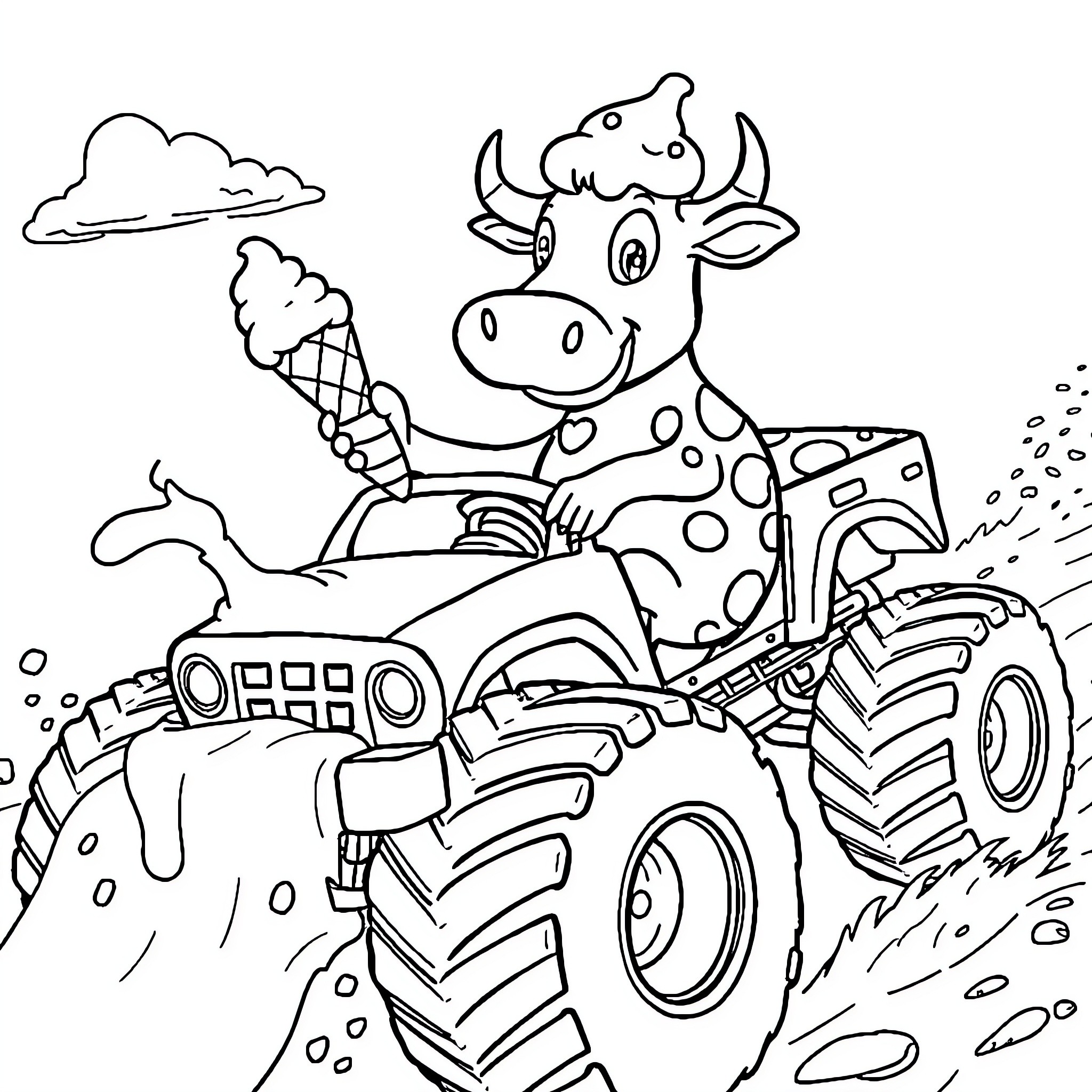 Cow driving a tractor on the farm Coloring Page (free black-and-white line drawing printable PDF for all, from beginners to advanced learners, including children, teens, adults, and seniors)