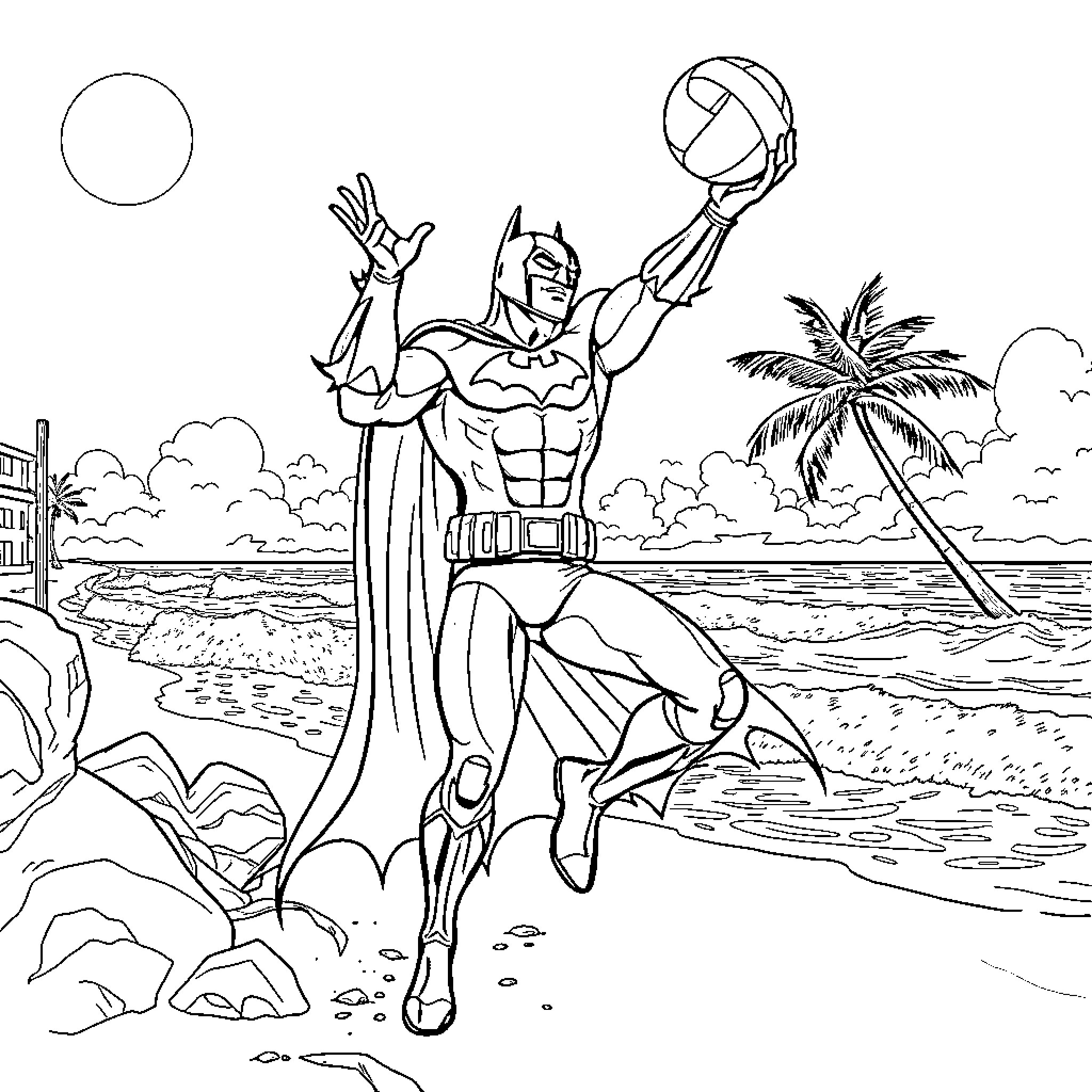 Batman heroically leaping on the beach Coloring Page (free black-and-white line drawing printable PDF for all, from beginners to advanced learners, including children, teens, adults, and seniors)