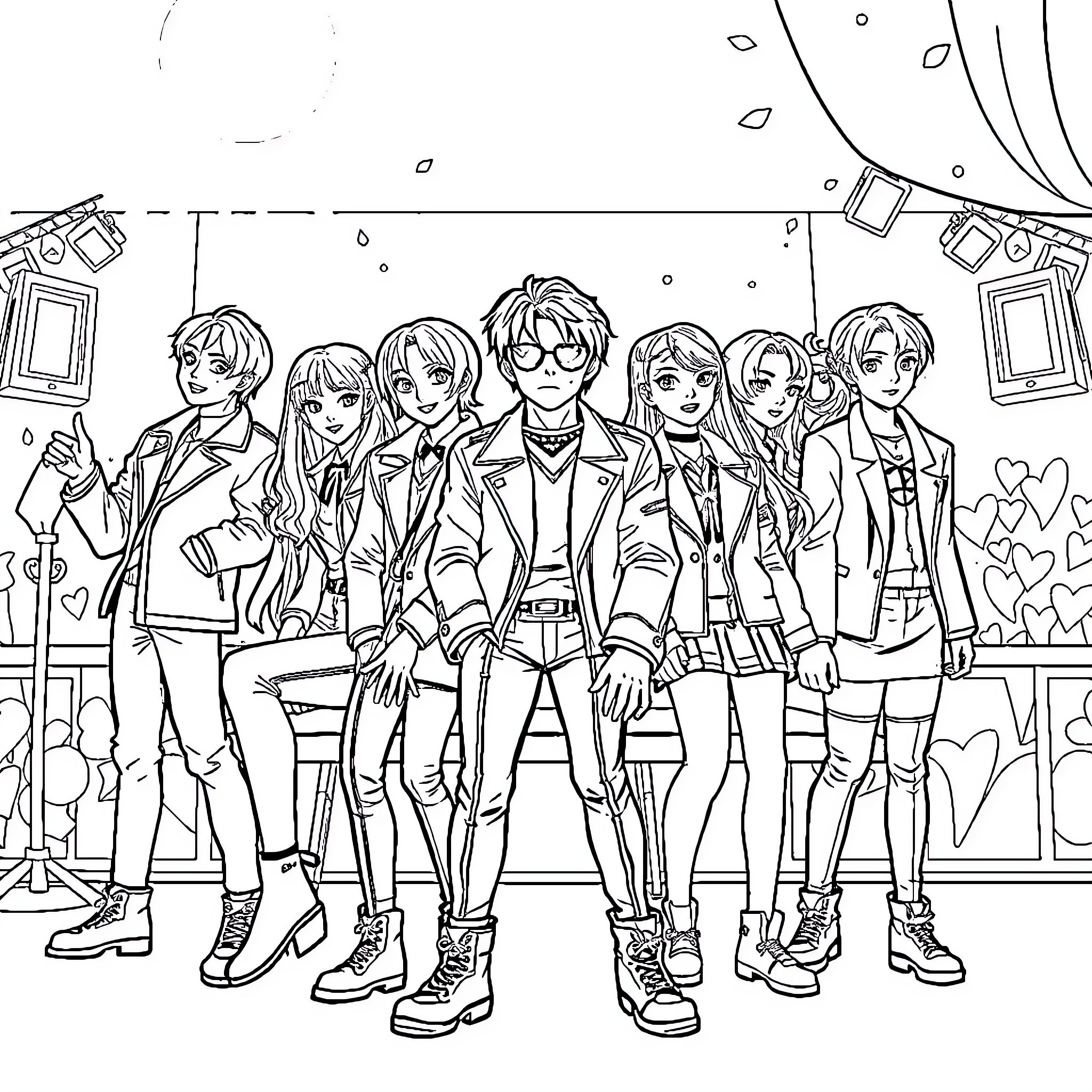 K Pop Characters Performing on Stage with Stylish Outfits Coloring Page (free black-and-white line drawing printable PDF for all, from beginners to advanced learners, including children, teens, adults, and seniors)