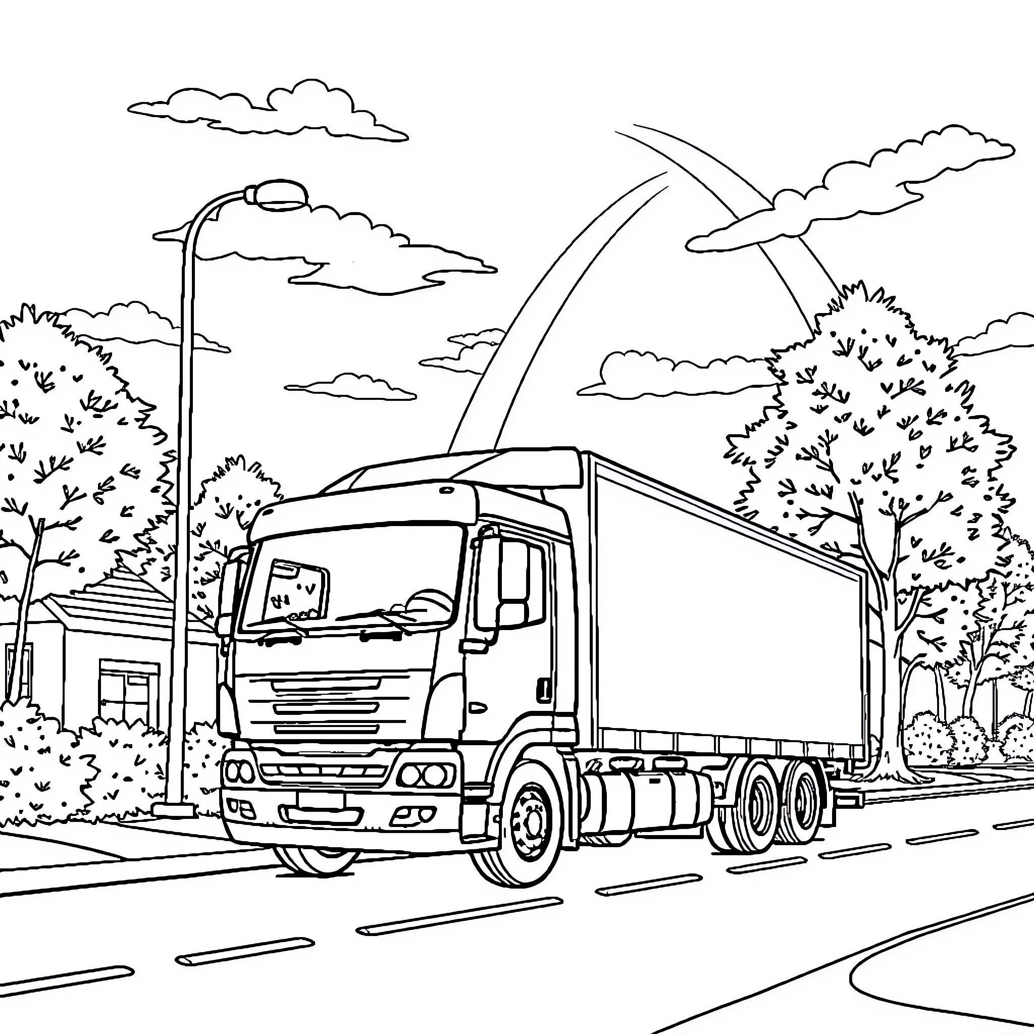 Truck driving through scenic countryside Coloring Page (free black-and-white line drawing printable PDF for all, from beginners to advanced learners, including children, teens, adults, and seniors)