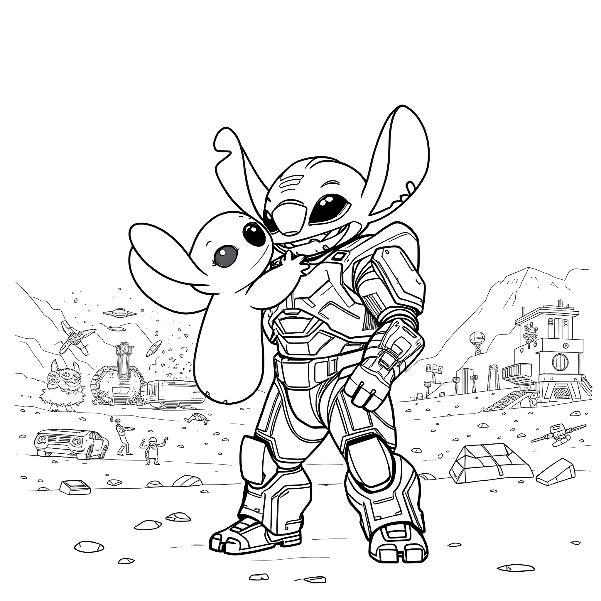 Stitch interacting with a robotic companion in a futuristic setting Coloring Page (free black-and-white line drawing printable PDF for all, from beginners to advanced learners, including children, teens, adults, and seniors)