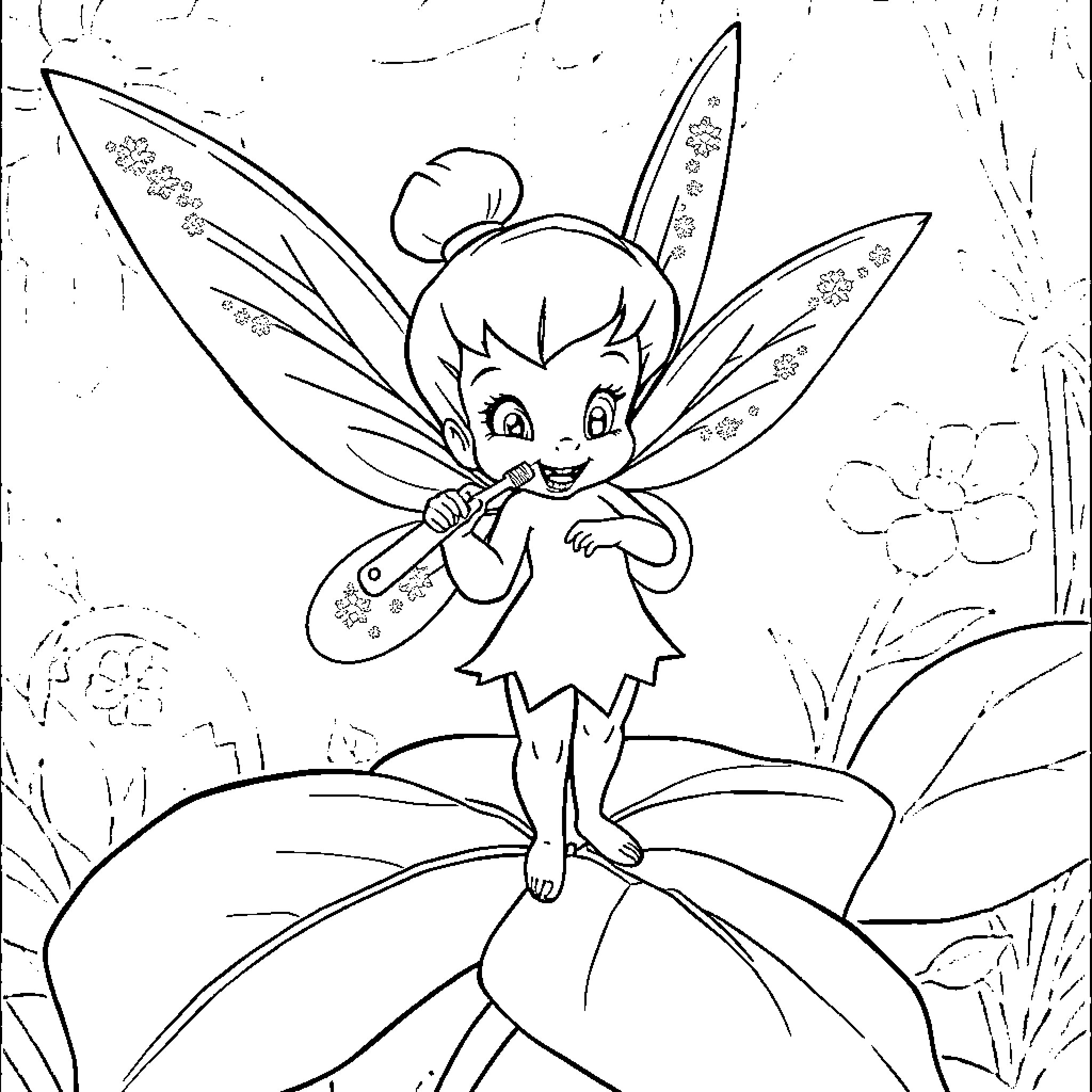 Tinkerbell playing happily in the enchanted garden Coloring Page (free black-and-white line drawing printable PDF for all, from beginners to advanced learners, including children, teens, adults, and seniors)