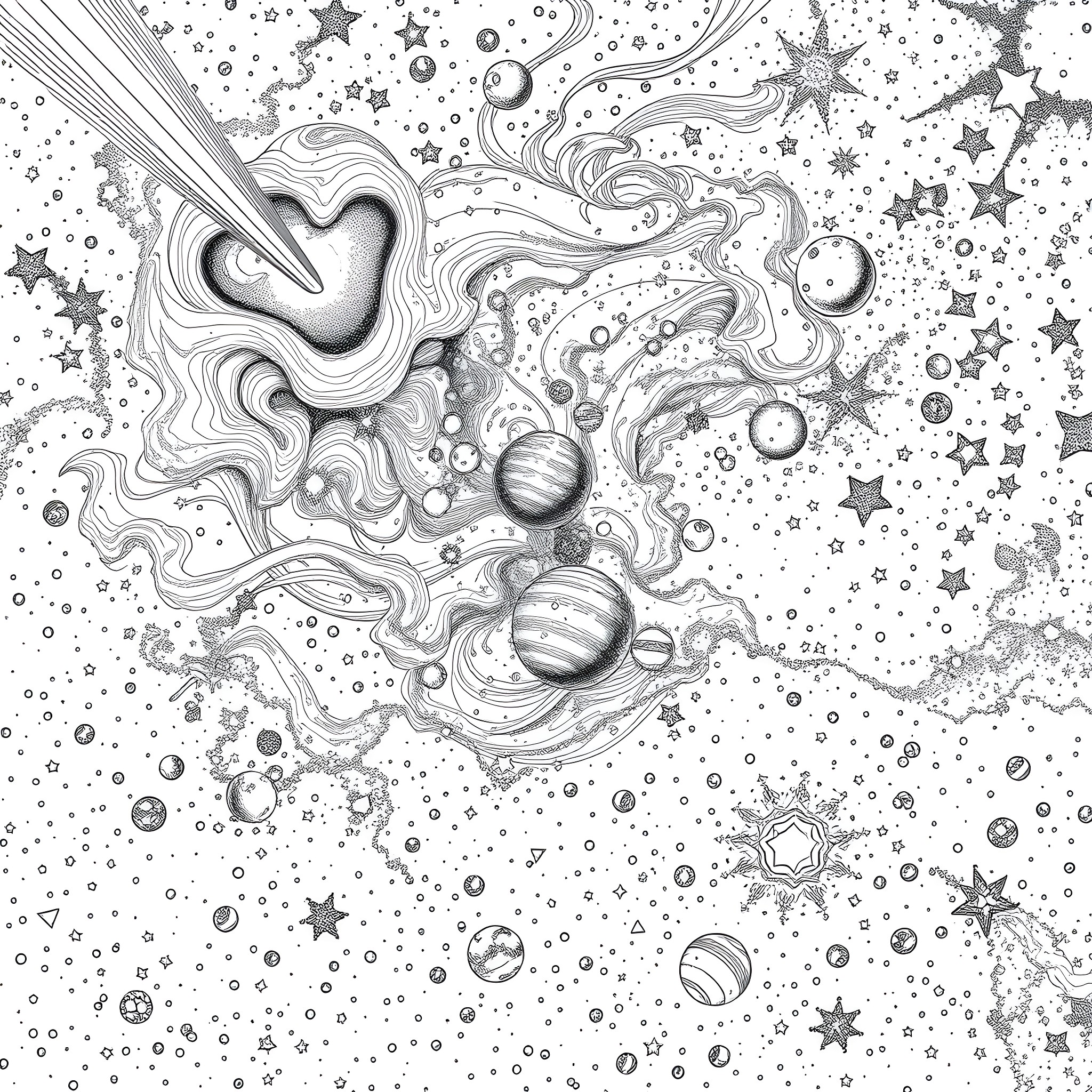 Galaxy of Cosmic Wonders and Celestial Shapes Coloring Page (free black-and-white line drawing printable PDF for all, from beginners to advanced learners, including children, teens, adults, and seniors)