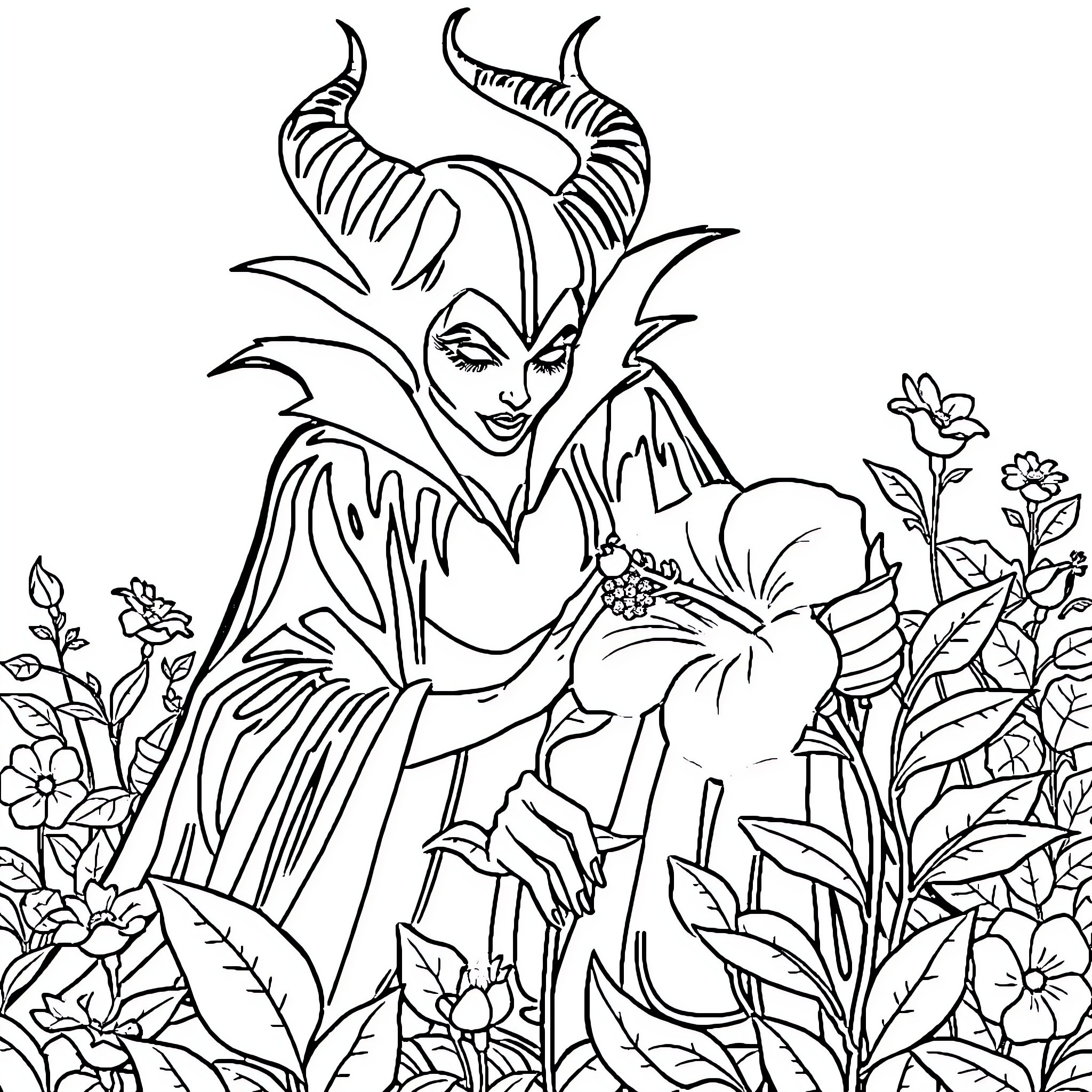 Maleficent in a magical forest setting Coloring Page (free black-and-white line drawing printable PDF for all, from beginners to advanced learners, including children, teens, adults, and seniors)