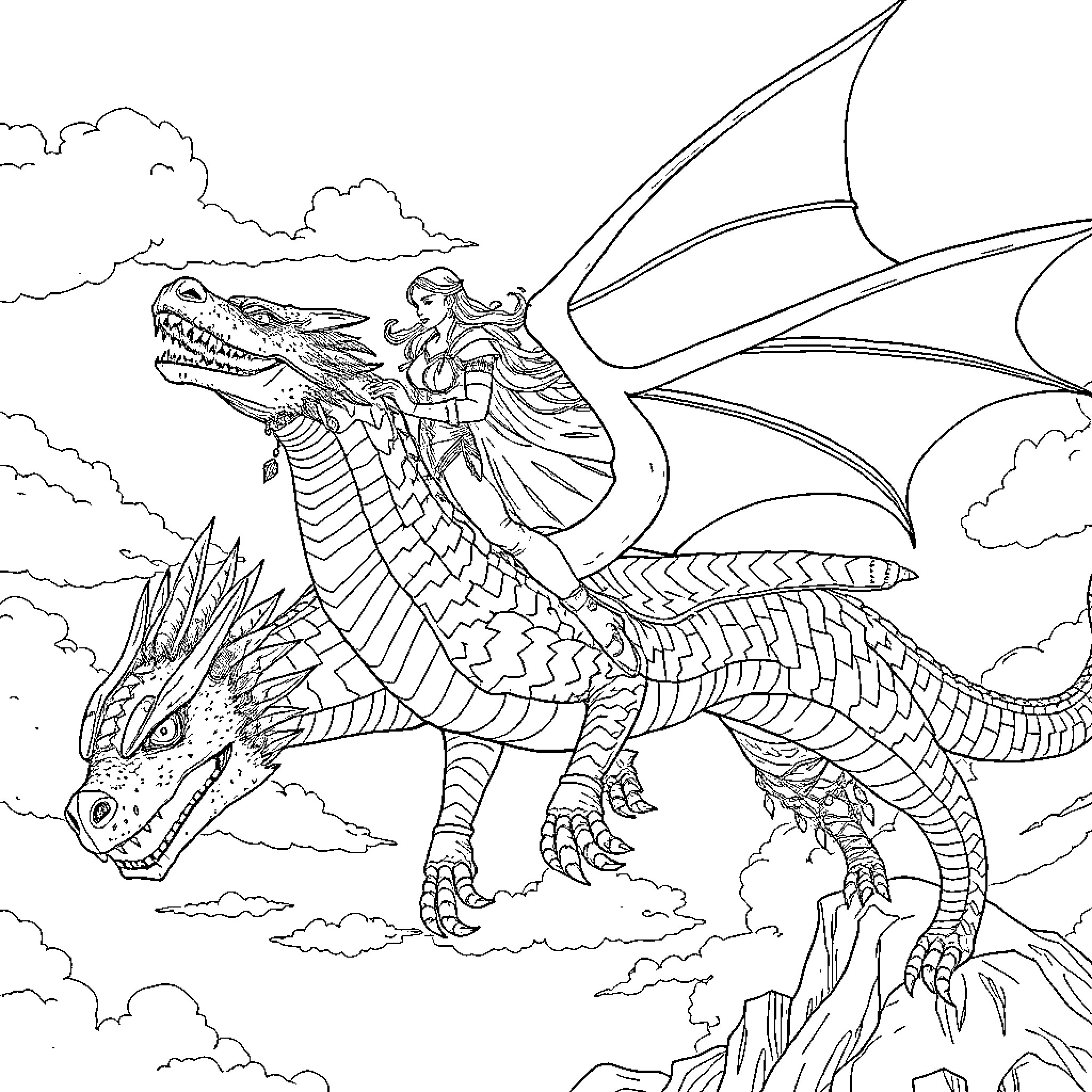 Rhaenyra's Majestic Dragon Ride Coloring Page (free black-and-white line drawing printable PDF for all, from beginners to advanced learners, including children, teens, adults, and seniors)