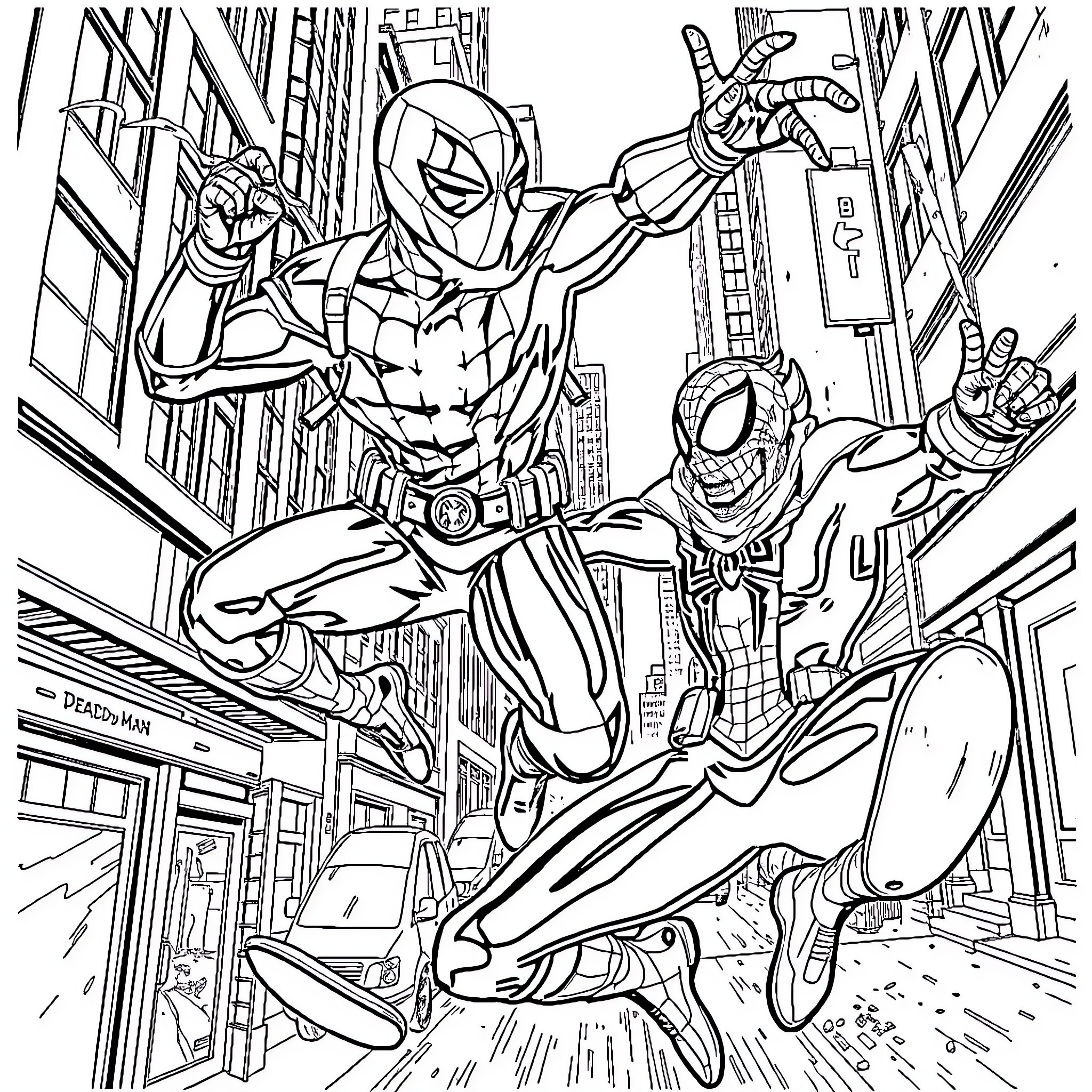 Deadpool and Spider-Man in action-packed city scene Coloring Page (free black-and-white line drawing printable PDF for all, from beginners to advanced learners, including children, teens, adults, and seniors)