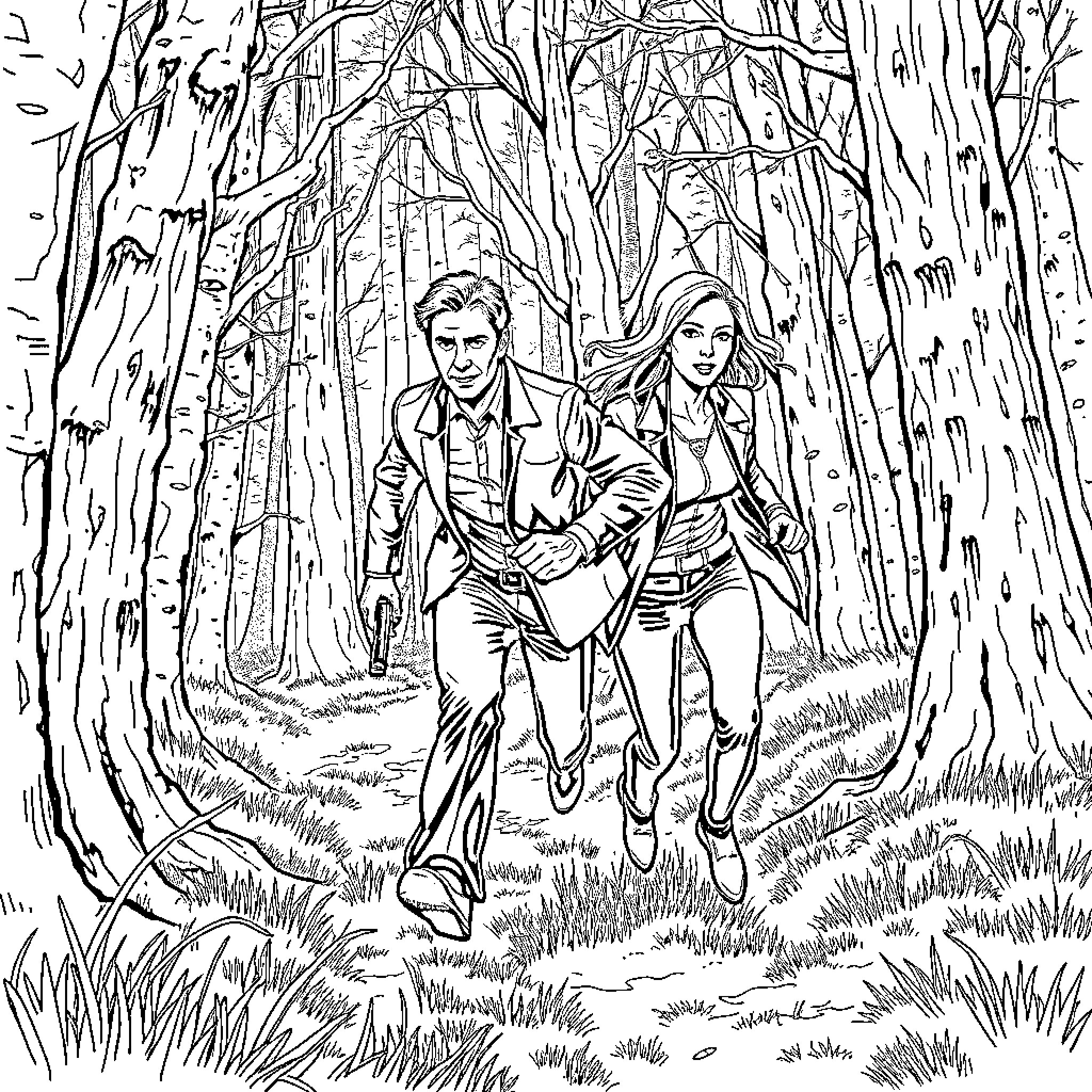 X Files: Duo traversing the mysterious forest Coloring Page (free black-and-white line drawing printable PDF for all, from beginners to advanced learners, including children, teens, adults, and seniors)