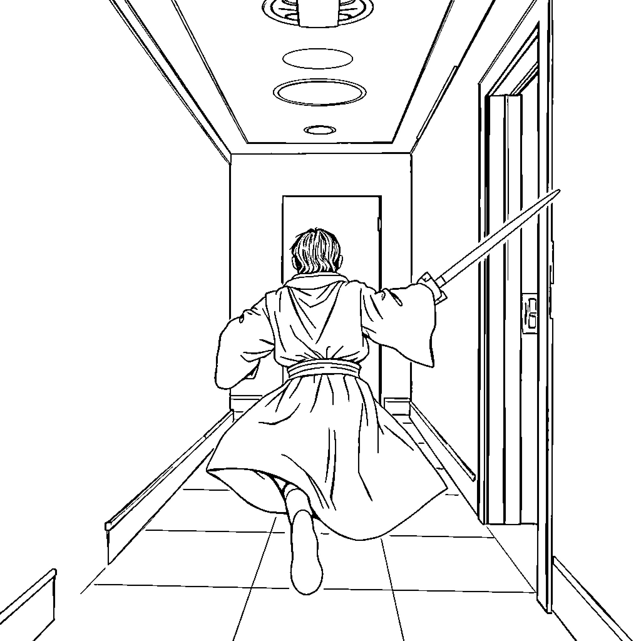 Jedi Knight in a Reflective Hallway Coloring Page (free black-and-white line drawing printable PDF for all, from beginners to advanced learners, including children, teens, adults, and seniors)