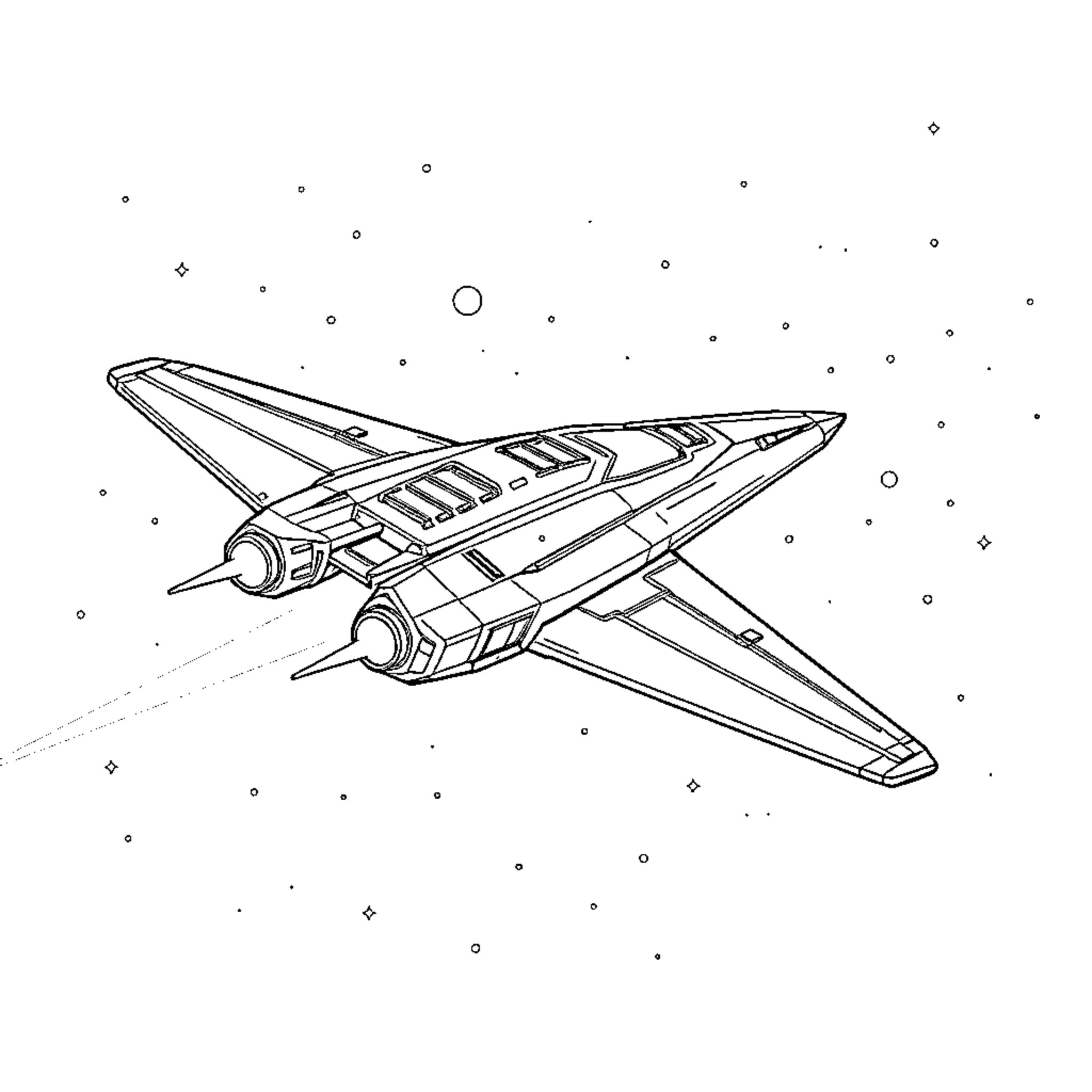 Space Ship Soaring Through Starry Cosmos Coloring Page (free black-and-white line drawing printable PDF for all, from beginners to advanced learners, including children, teens, adults, and seniors)