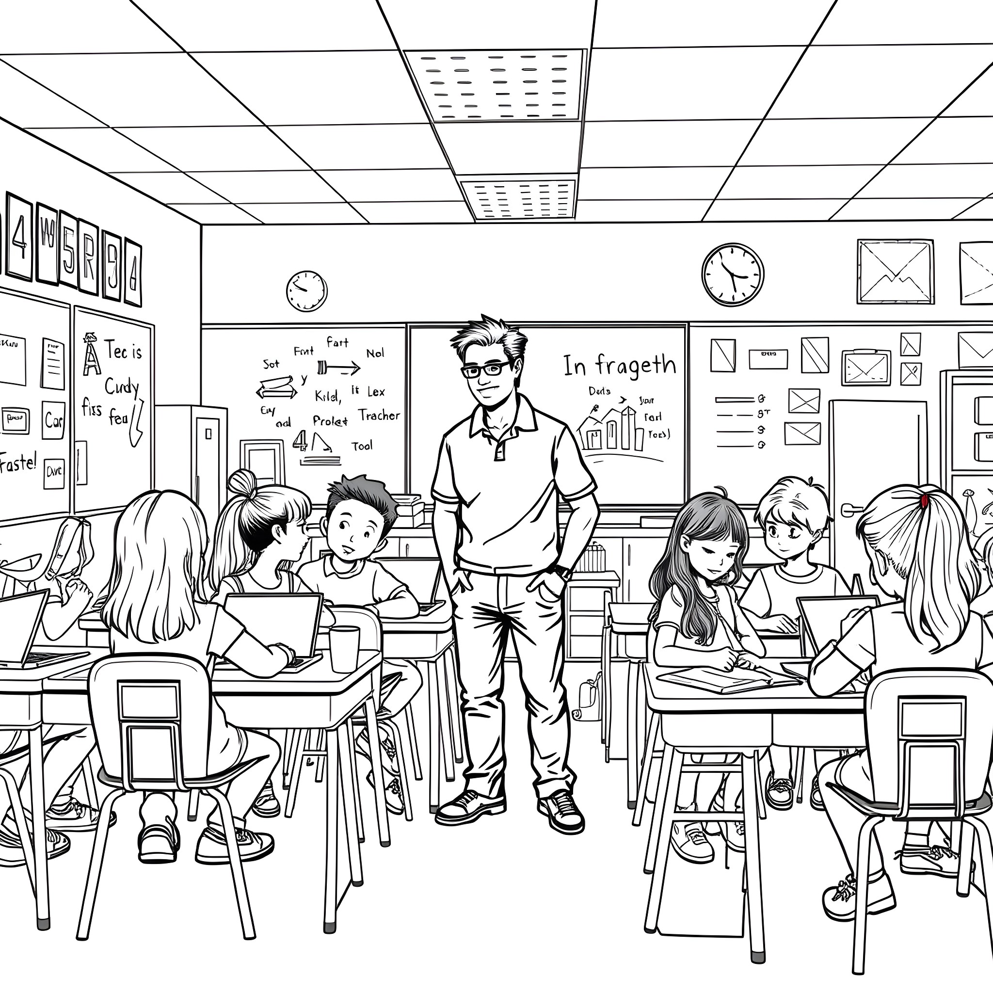 Classroom scene with students and teacher Coloring Page (free black-and-white line drawing printable PDF for all, from beginners to advanced learners, including children, teens, adults, and seniors)