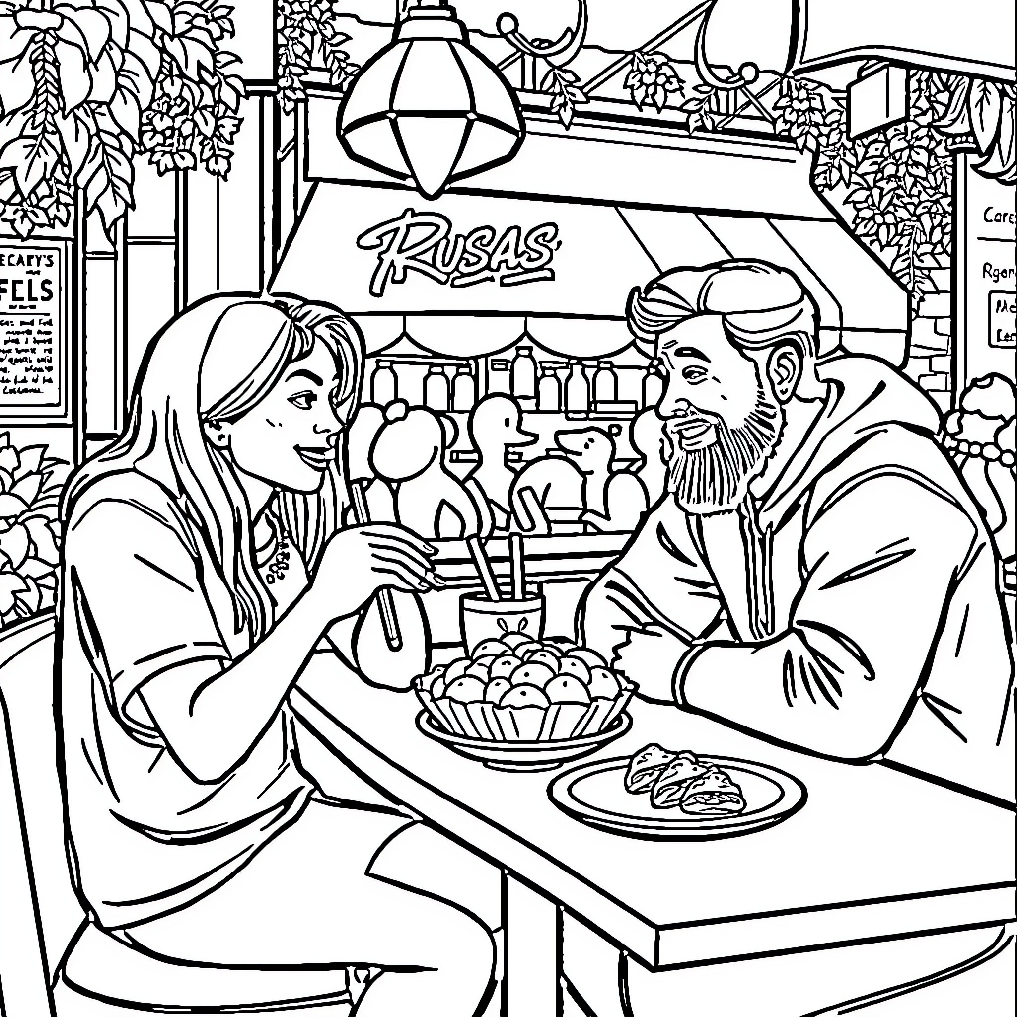 Pupusa - Couple enjoying traditional food at cafe Coloring Page (free black-and-white line drawing printable PDF for all, from beginners to advanced learners, including children, teens, adults, and seniors)
