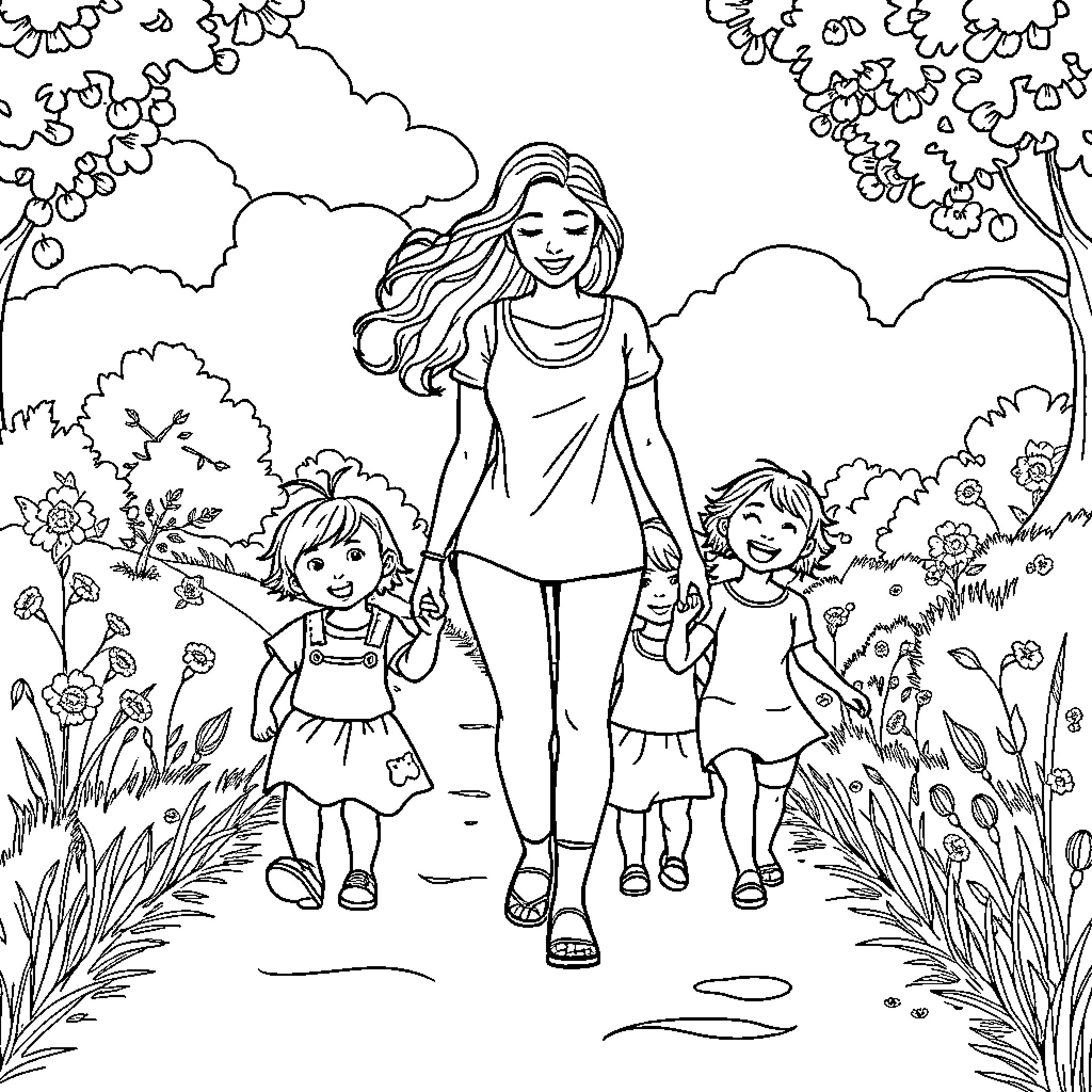 Mum Strolling with Children in the Countryside Coloring Page (free black-and-white line drawing printable PDF for all, from beginners to advanced learners, including children, teens, adults, and seniors)
