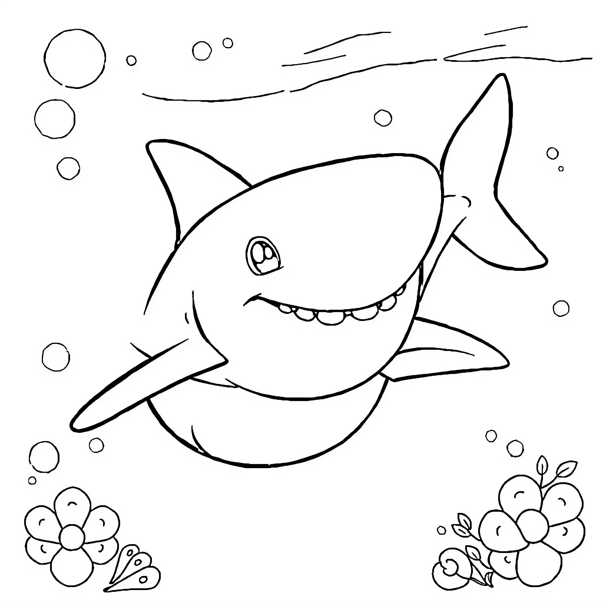 Shark swimming happily in the ocean Coloring Page (free black-and-white line drawing printable PDF for all, from beginners to advanced learners, including children, teens, adults, and seniors)