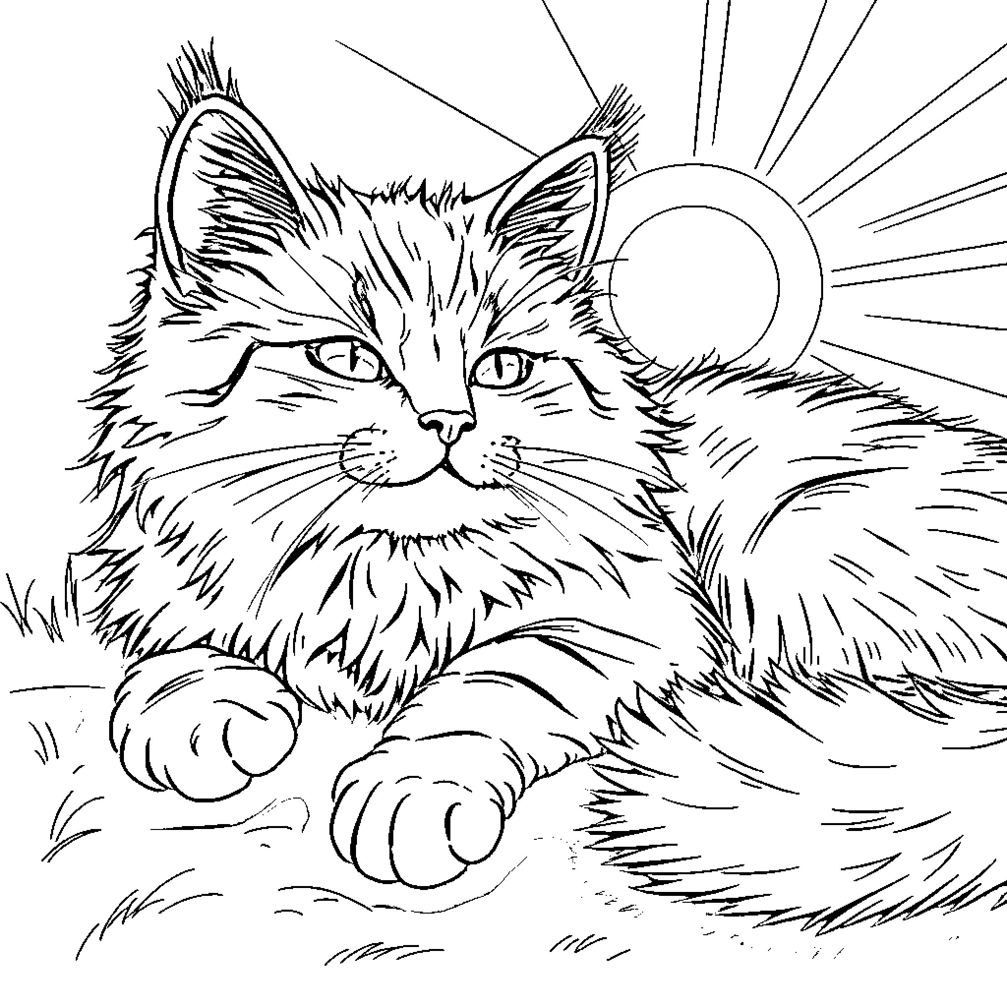 Cat resting in the sun Coloring Page (free black-and-white line drawing printable PDF for all, from beginners to advanced learners, including children, teens, adults, and seniors)