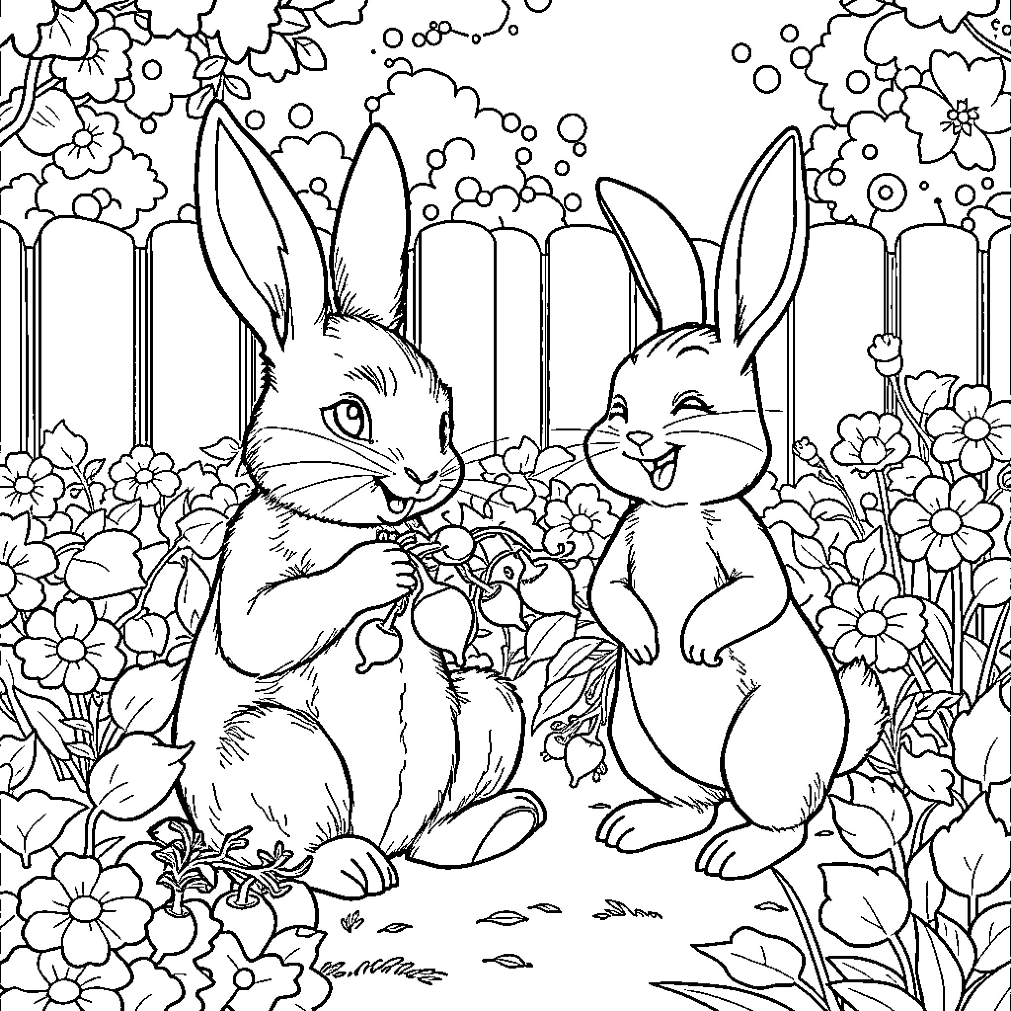 Peter Rabbit and friend playing among blooming flowers Coloring Page (free black-and-white line drawing printable PDF for all, from beginners to advanced learners, including children, teens, adults, and seniors)