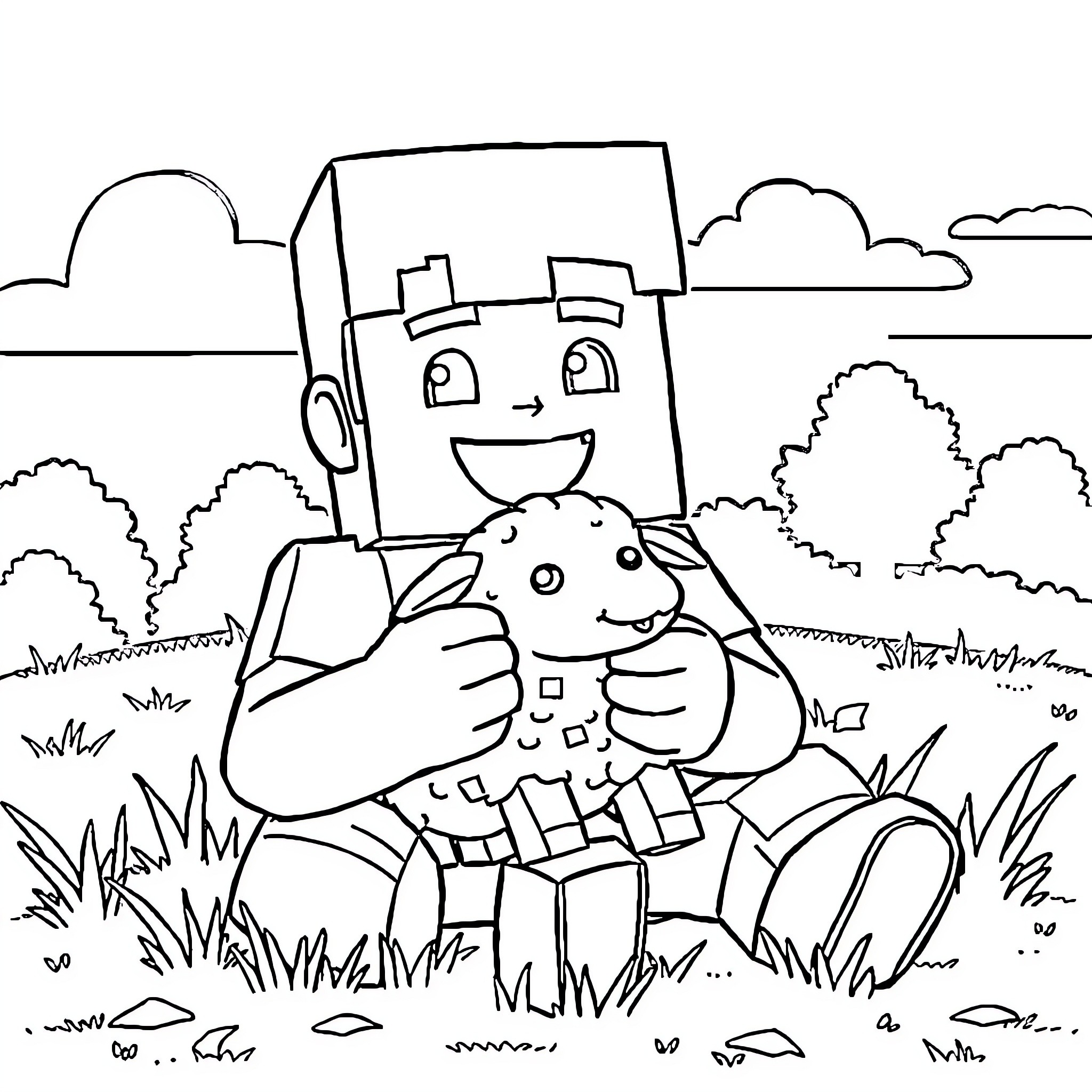 Steve cuddling a cute creature in the park Coloring Page (free black-and-white line drawing printable PDF for all, from beginners to advanced learners, including children, teens, adults, and seniors)