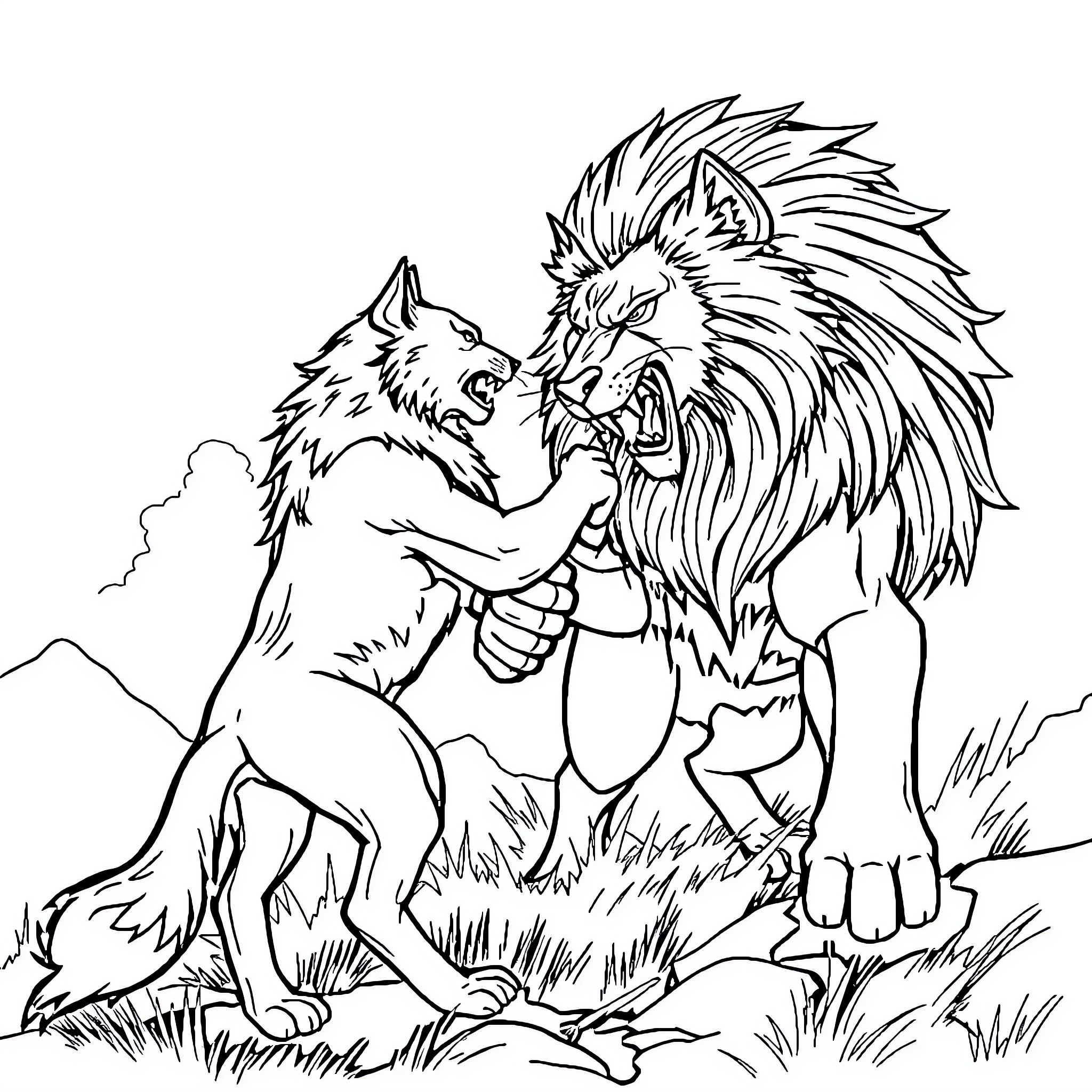 Wolf and Lion in Fierce Confrontation Coloring Page (free black-and-white line drawing printable PDF for all, from beginners to advanced learners, including children, teens, adults, and seniors)