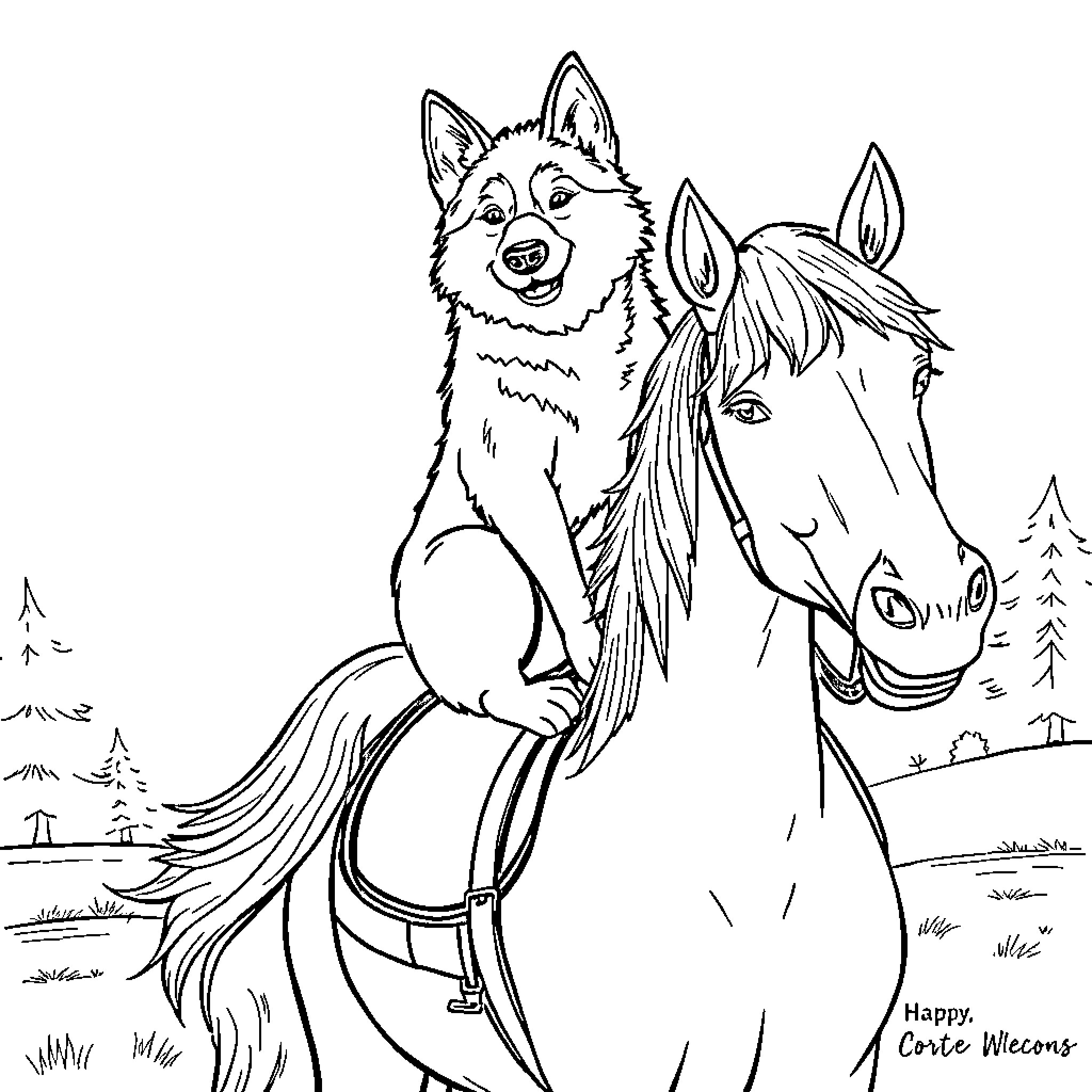 Husky and Horse Enjoying Outdoor Adventure Coloring Page (free black-and-white line drawing printable PDF for all, from beginners to advanced learners, including children, teens, adults, and seniors)
