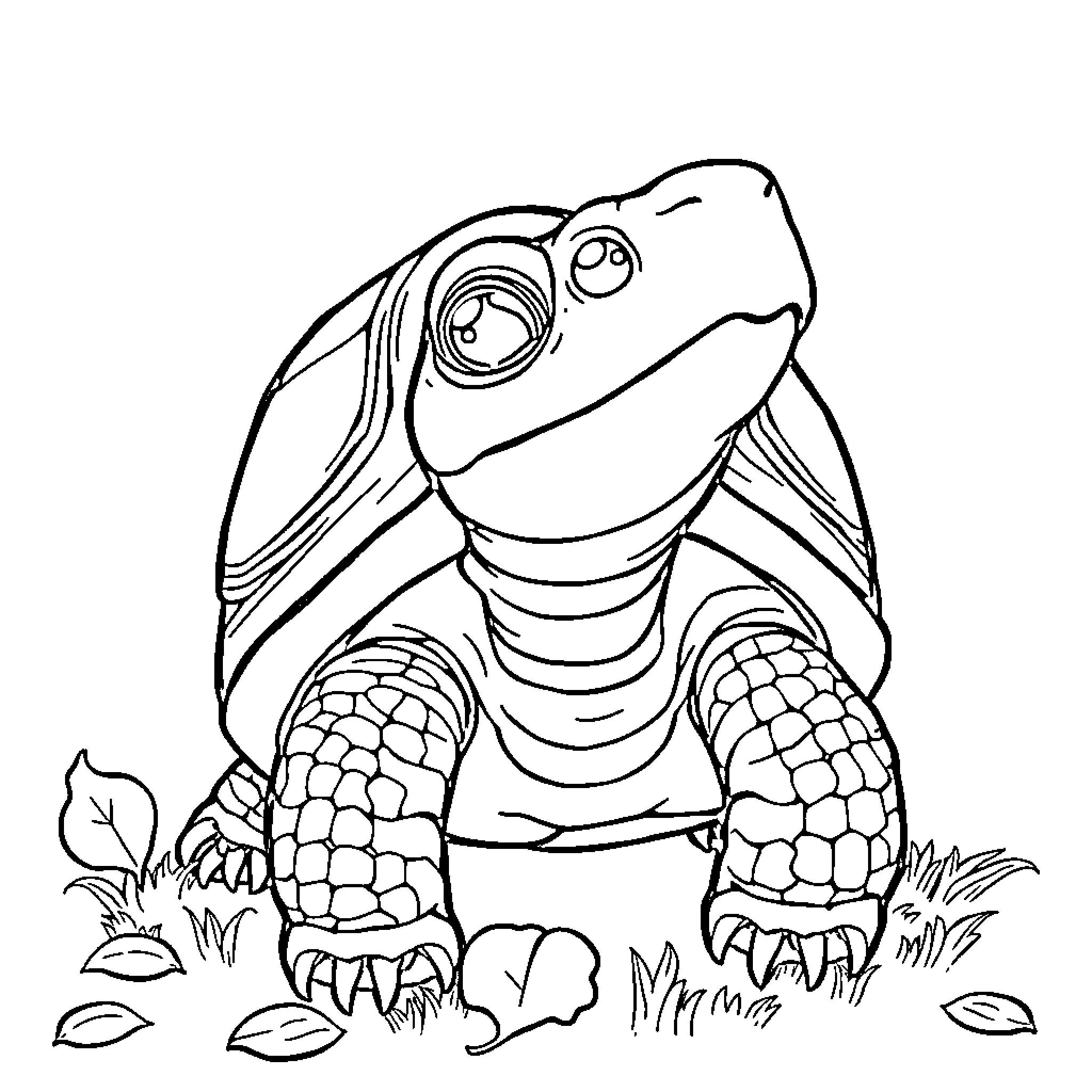 Turtle Resting on Grass Coloring Page (free black-and-white line drawing printable PDF for all, from beginners to advanced learners, including children, teens, adults, and seniors)