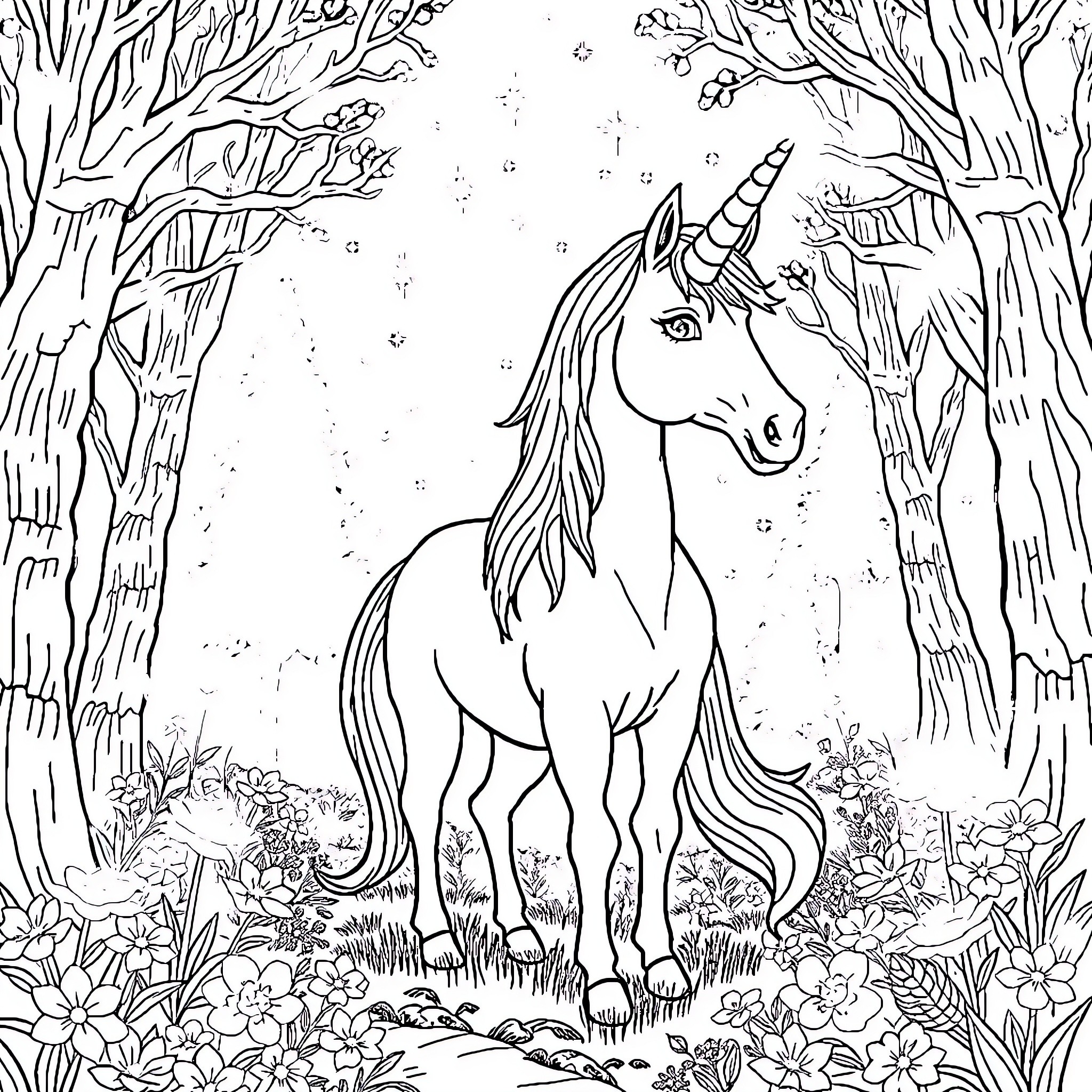 Unicorn standing gracefully in enchanted forest Coloring Page (free black-and-white line drawing printable PDF for all, from beginners to advanced learners, including children, teens, adults, and seniors)